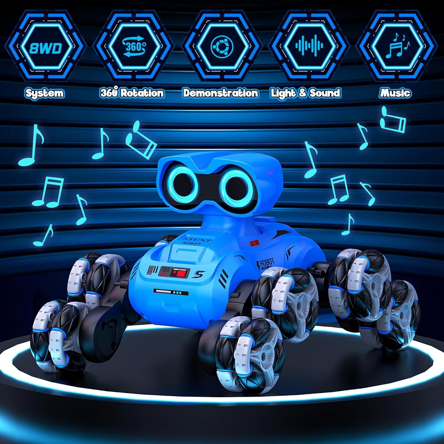 Showcases five distinct features of the robot toy in a segmented icon layout, communicating versatility and multiple play modes to reassure parents and excite children about the product's…