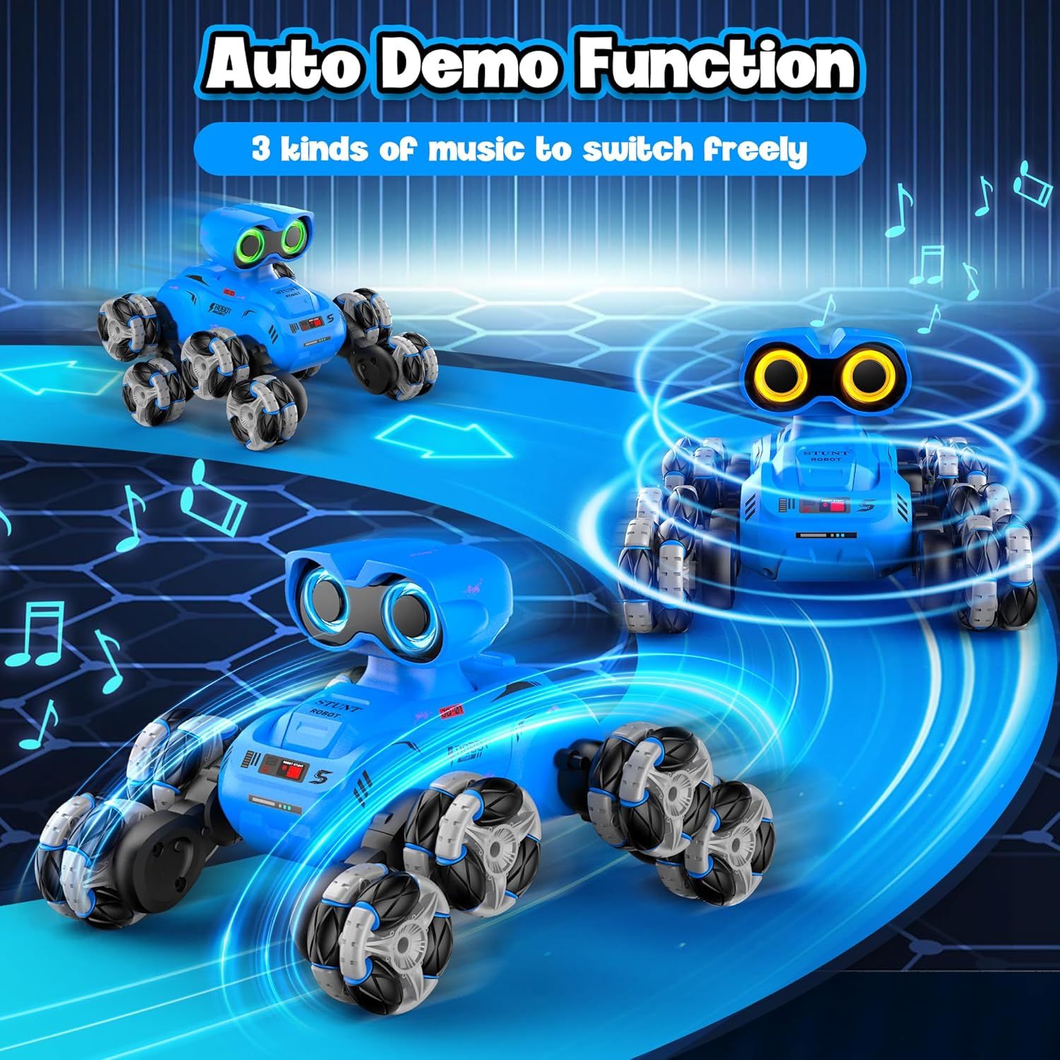 Highlights the toy's auto demo function with 3 kinds of music that can be switched freely, demonstrating the product's entertainment and interactive play features.