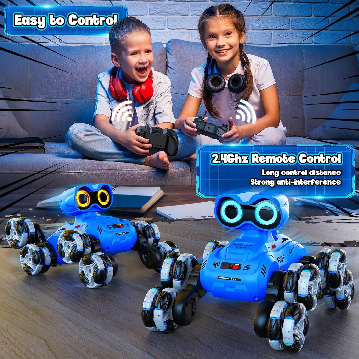 Communicates multiple key benefits of the remote control toy robots, emphasizing ease of use for children and reliable wireless performance with long range and anti-interference capabilities.