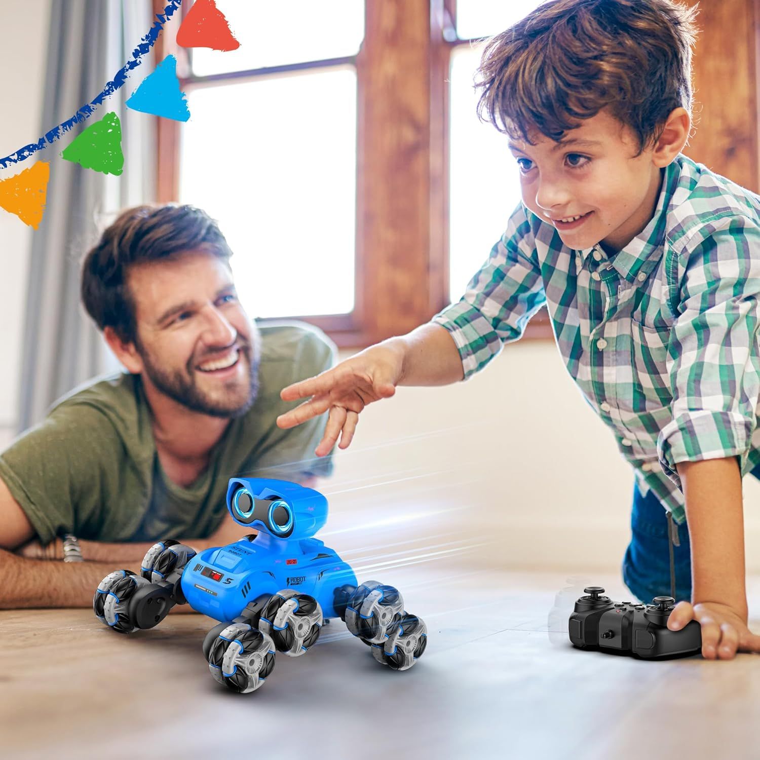 Demonstrates the product in a real-world home setting with a father and son playing together, creating an emotional connection and showing the toy's appeal for family bonding and interactive play.
