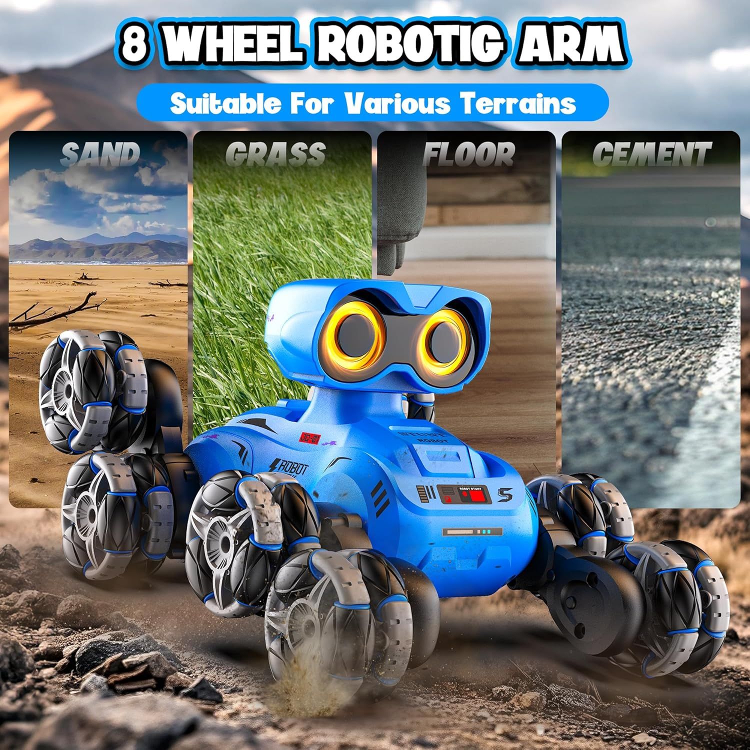 Demonstrates that the 8-wheel robotic arm toy can operate effectively across multiple terrains (sand, grass, floor, cement), reassuring shoppers of its versatility and durability in various…