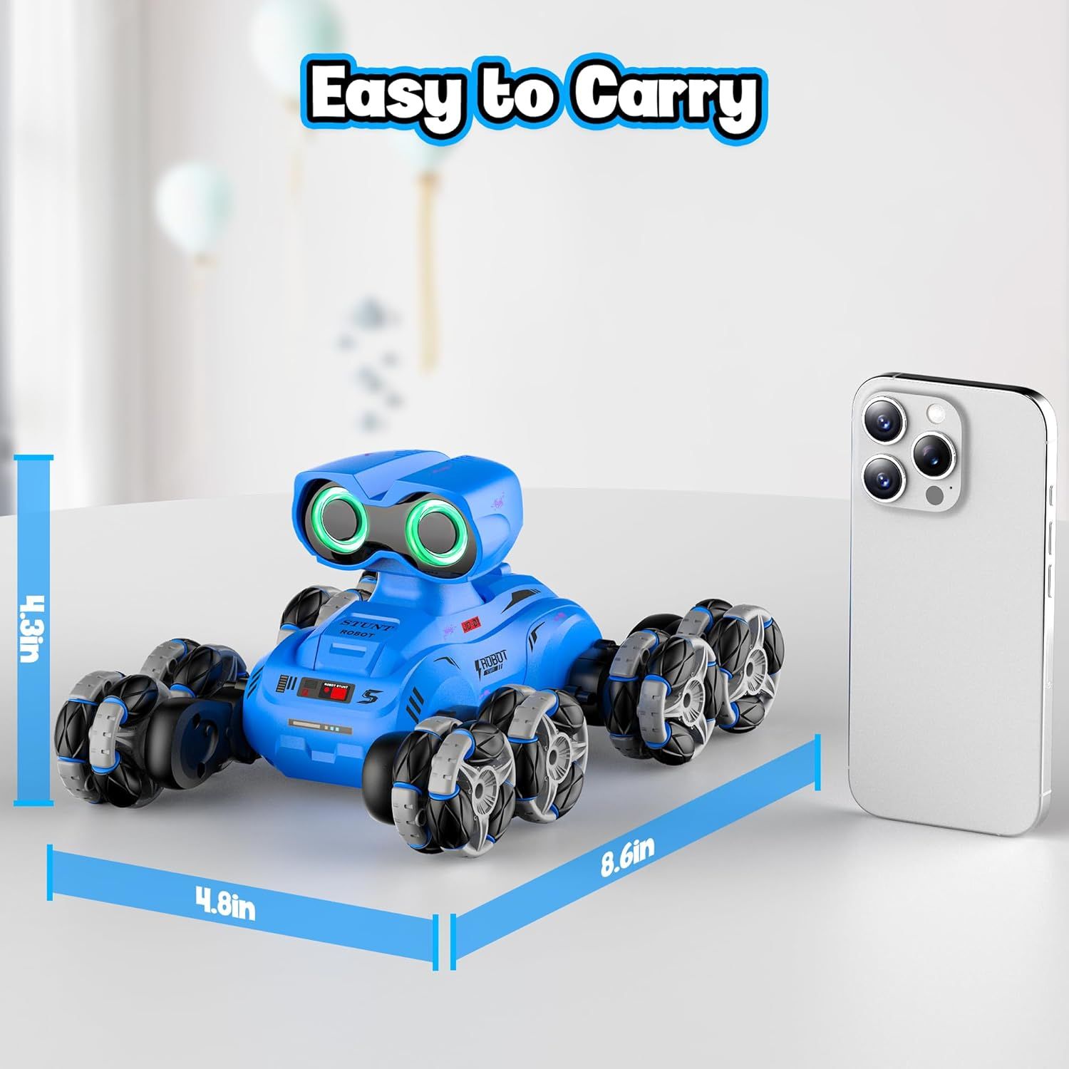 Communicates the physical size of the robot toy (8.6in x 4.8in x 1.3in) using dimensional overlays and a smartphone for scale reference, helping shoppers understand its portability and storage…