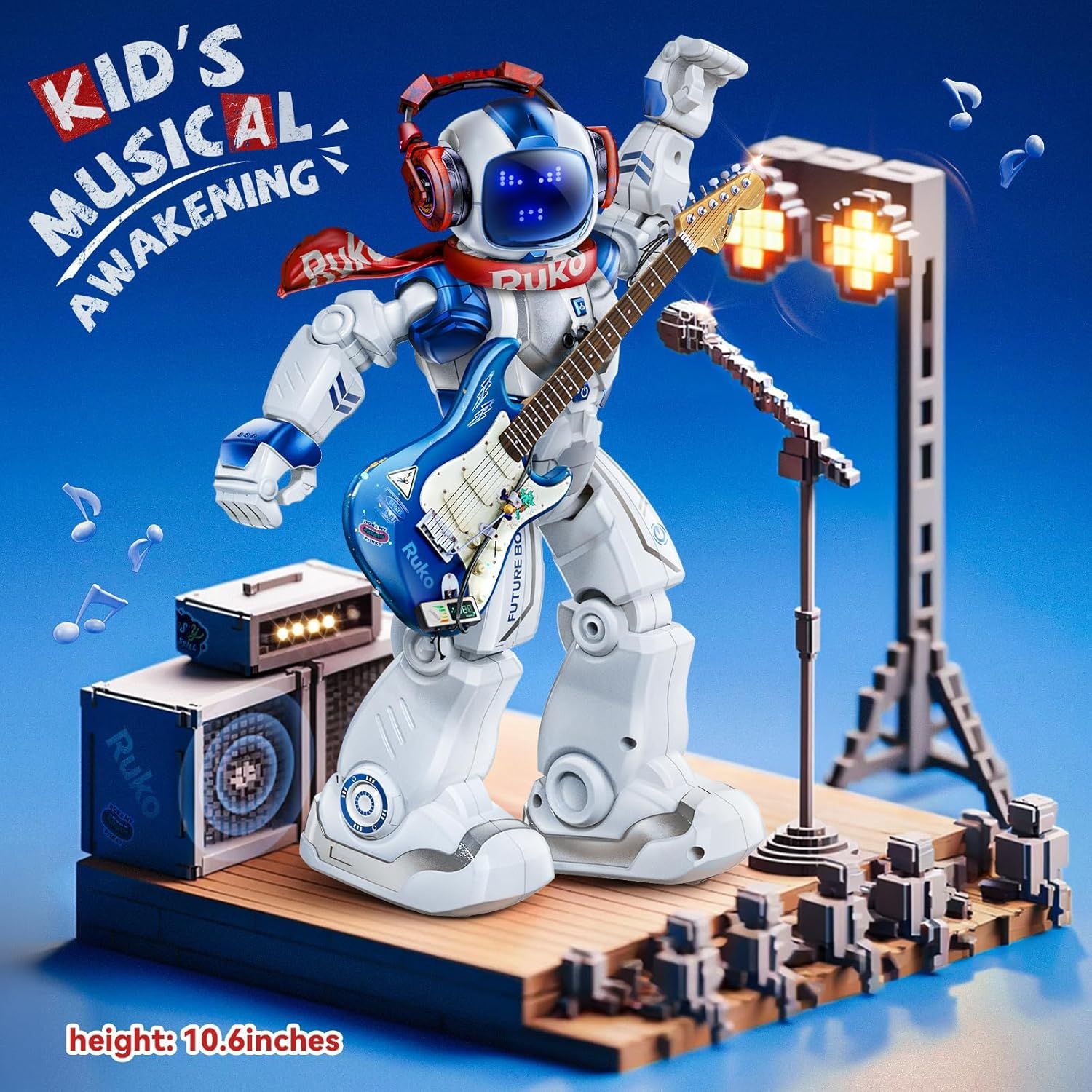 Communicates the physical size of the robot toy (10.6 inches tall) to help shoppers understand the product's dimensions and scale. Highlights the toy's musical and interactive features to appeal to…