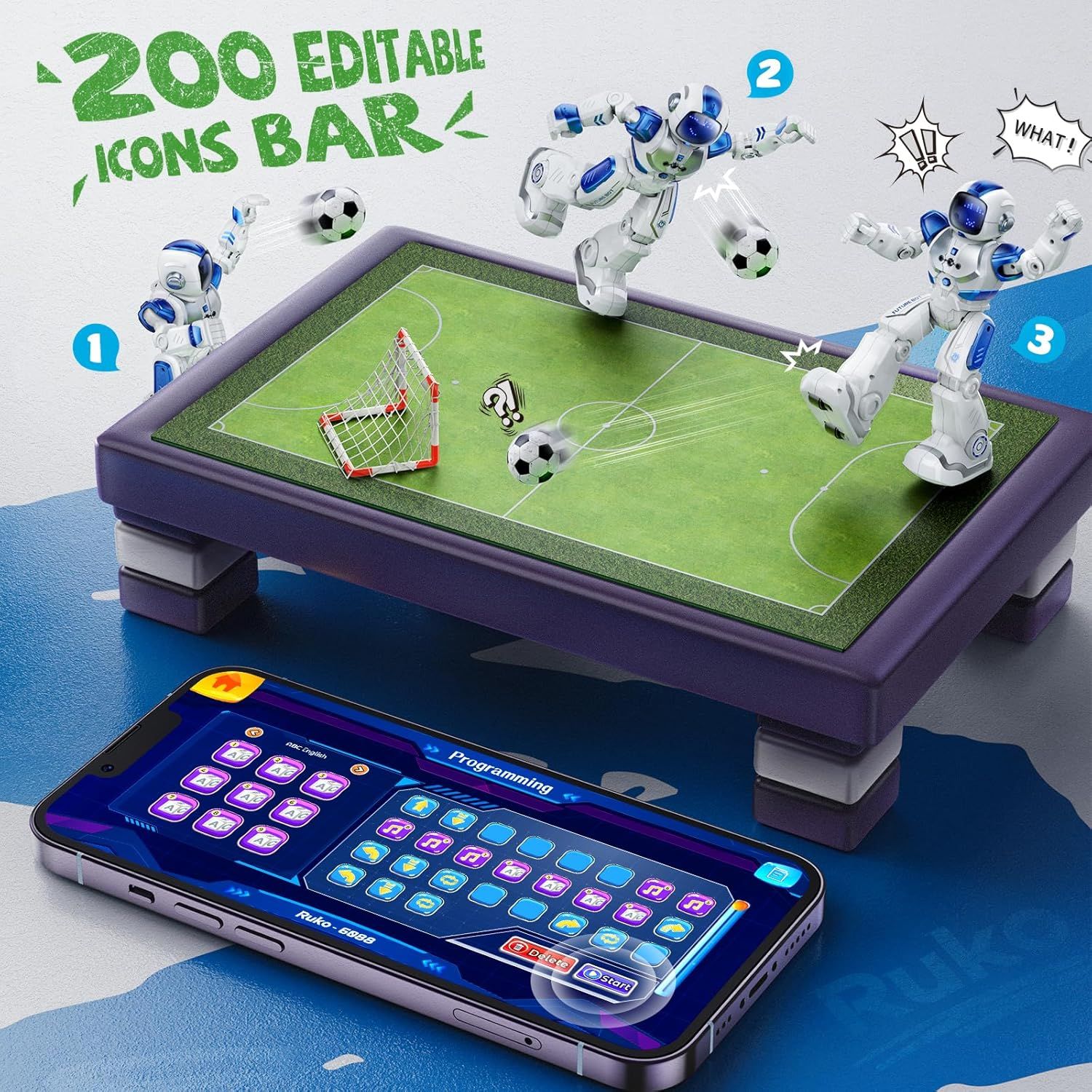 Demonstrates the product's multiple capabilities—programmable robot soccer players controlled via smartphone app—showing both the physical play arena and the digital programming interface to…