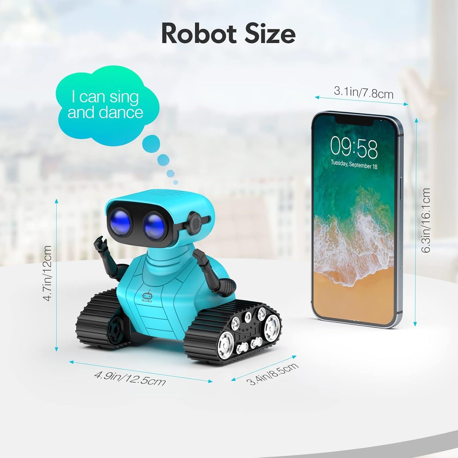 Shows the exact physical dimensions of the robot toy with measurement arrows and uses a smartphone as a familiar reference object to help shoppers understand the compact size of the product.