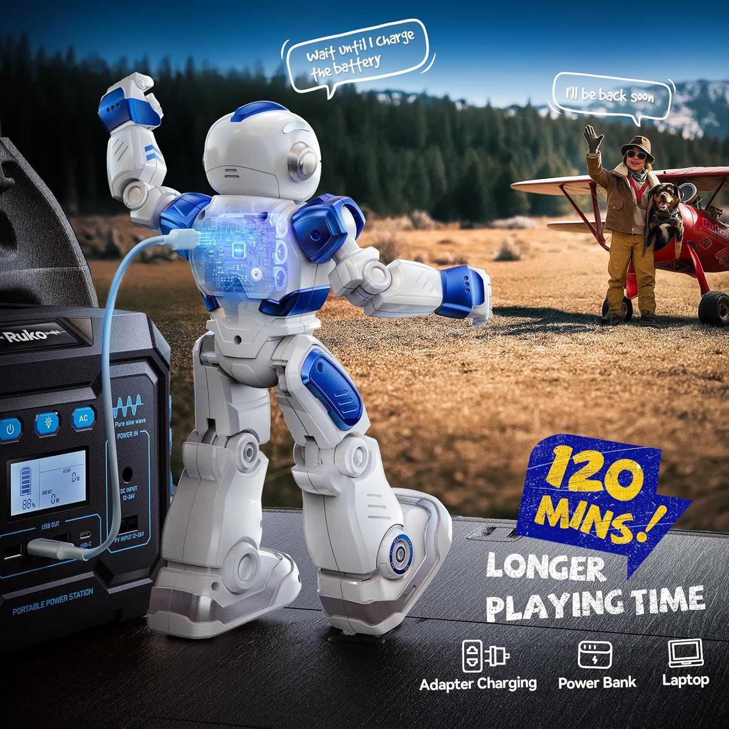 Communicates the extended battery life of 120 minutes to reassure parents that the toy robot provides long playtime before needing a recharge. Highlights the key benefit of longer playing time and…