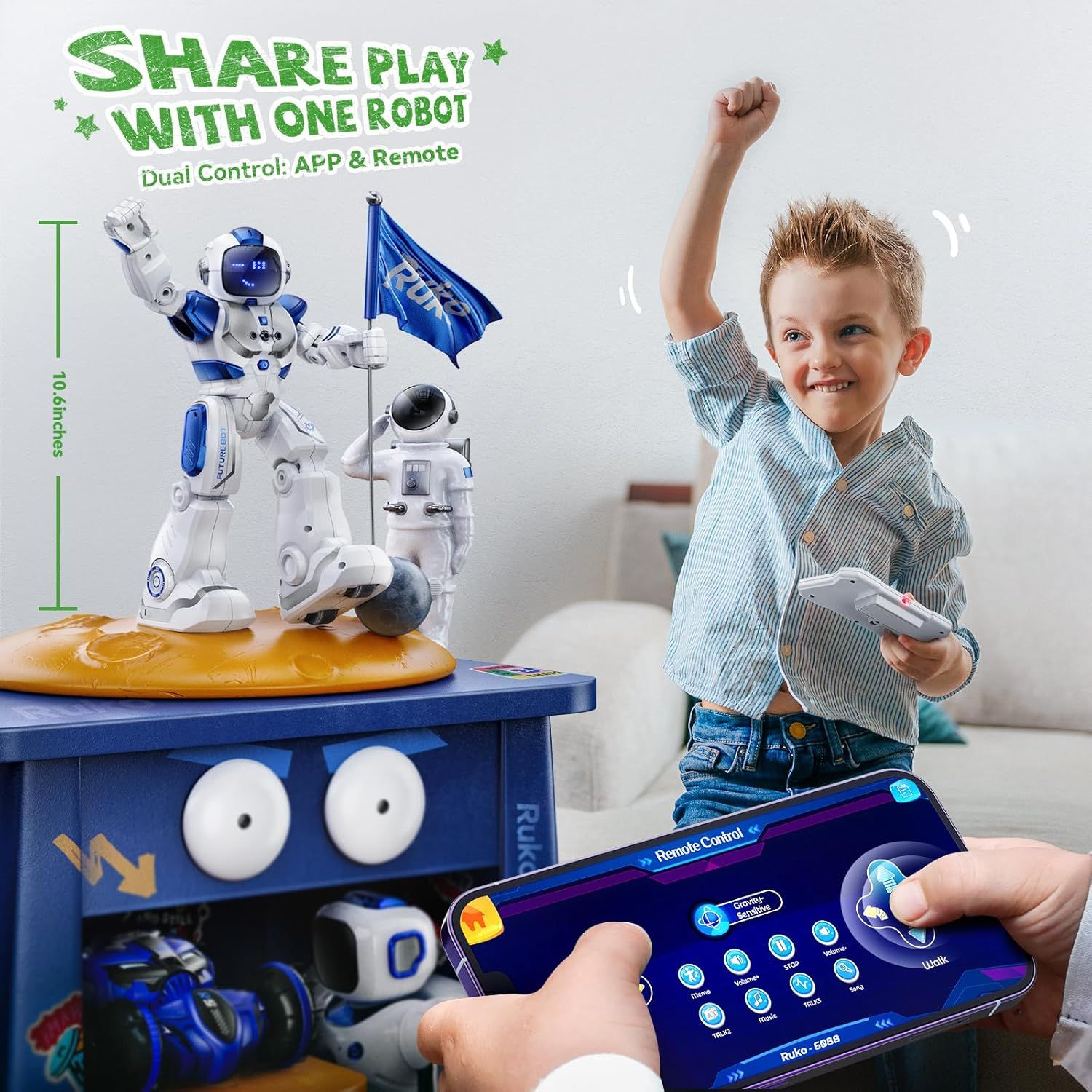 Highlights the product's dual control capability (app and remote) to show parents that multiple children can share and play with one robot simultaneously, emphasizing versatility and shared play…