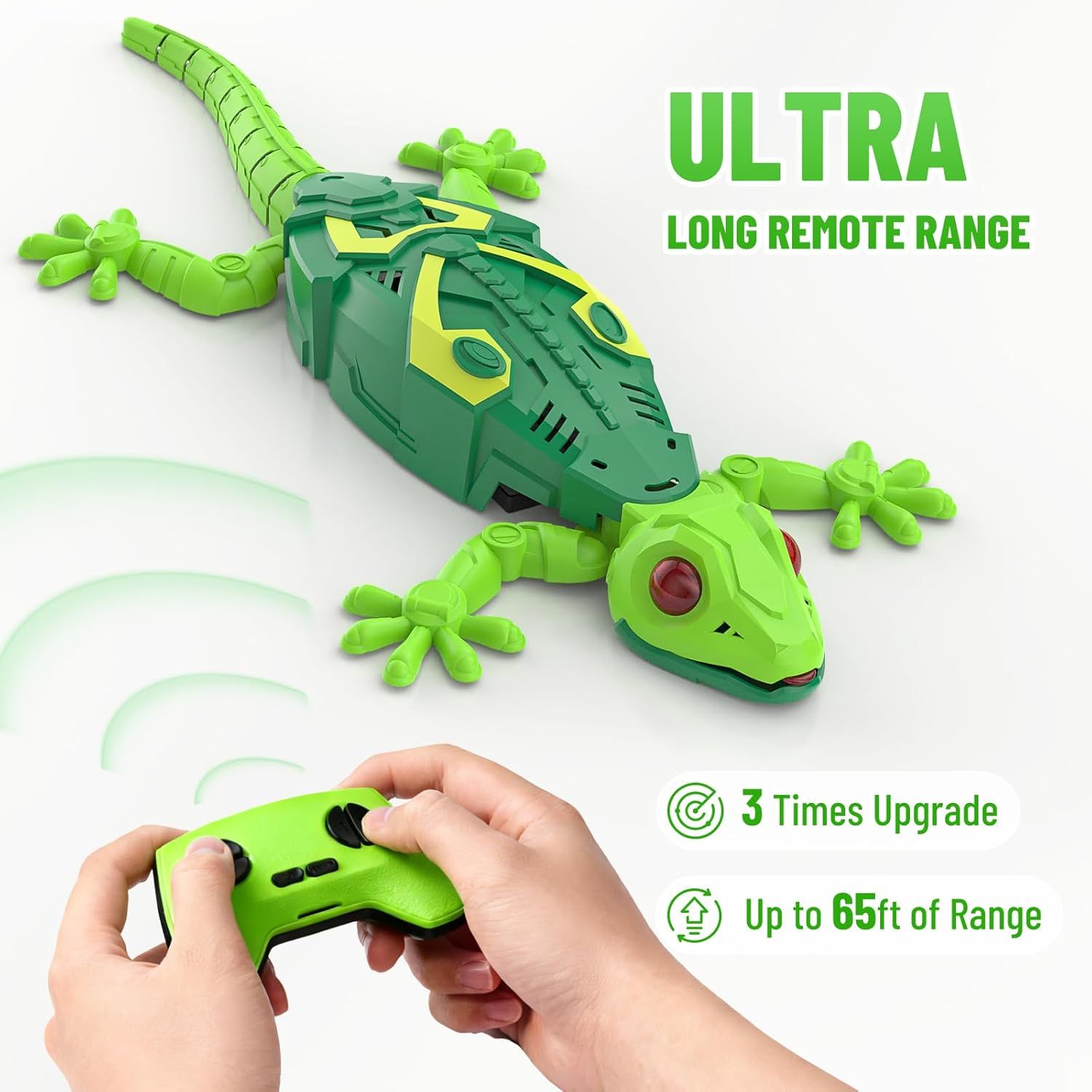 Highlights the impressive remote control range of 65 feet to communicate superior wireless performance and play distance capability. Emphasizes the extended wireless range as a key benefit for…
