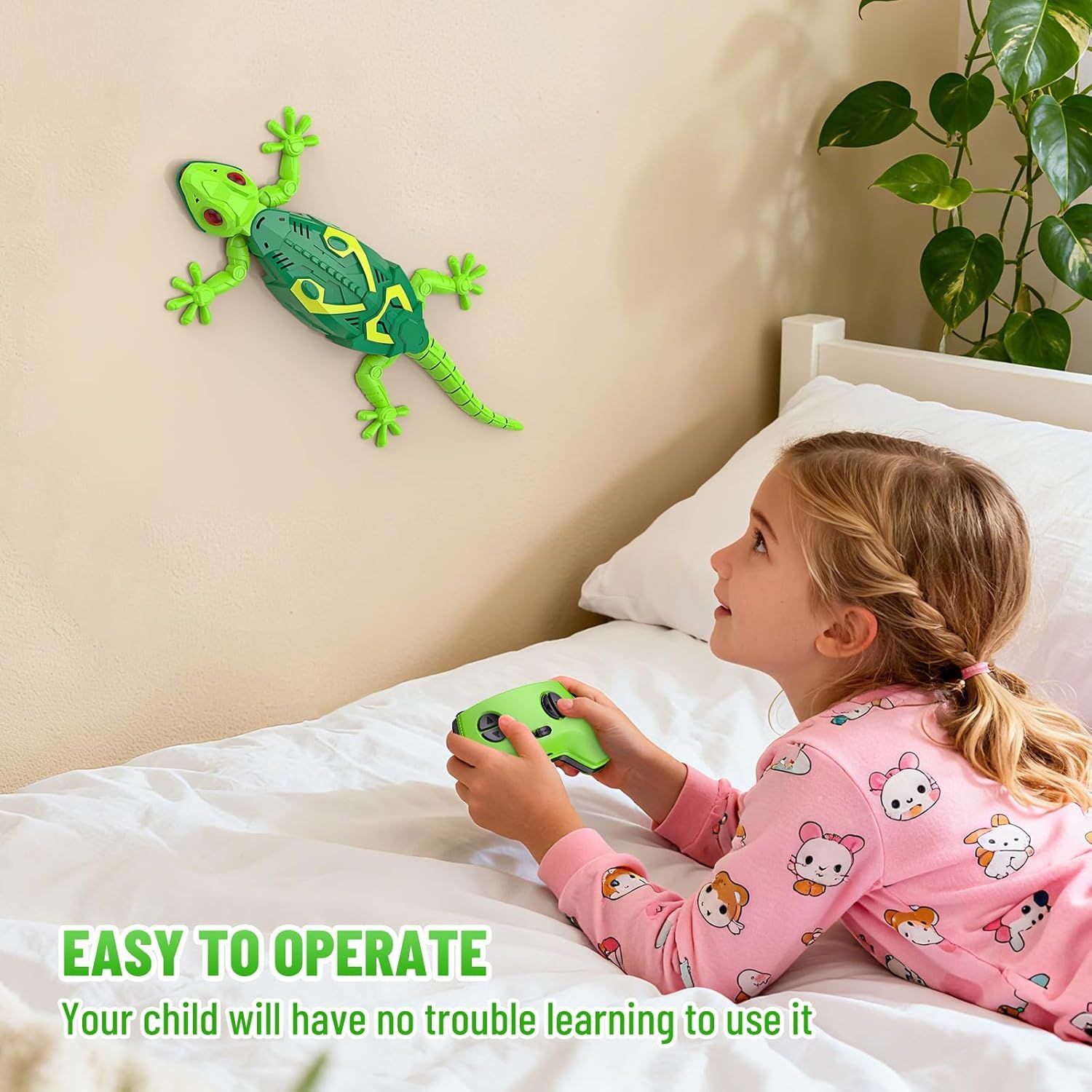 Demonstrates that the remote-controlled toy lizard is simple and intuitive for children to operate, reassuring parents about ease of use. Highlights the product's user-friendly design to reassure…