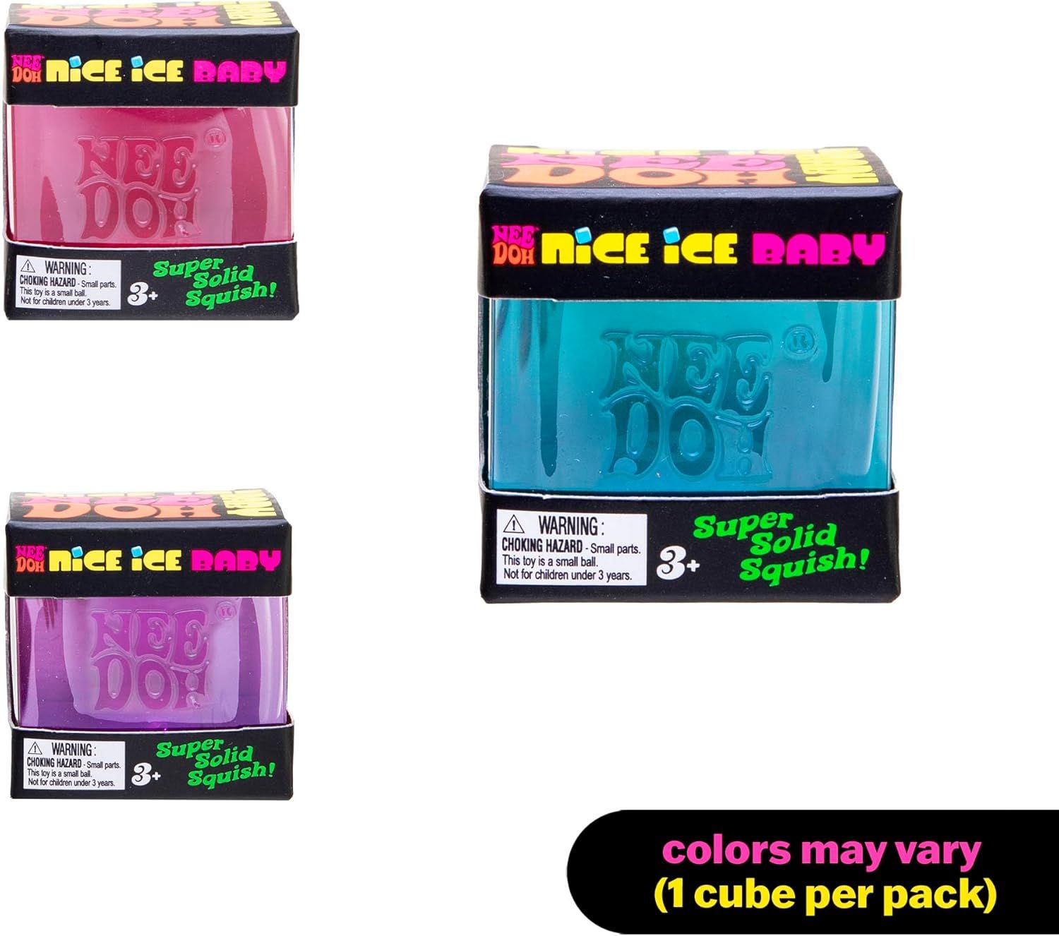 Displays the available color options for the Nee Doh Nice Ice Baby product line to help shoppers understand the variety available and that colors may vary with one cube per pack.