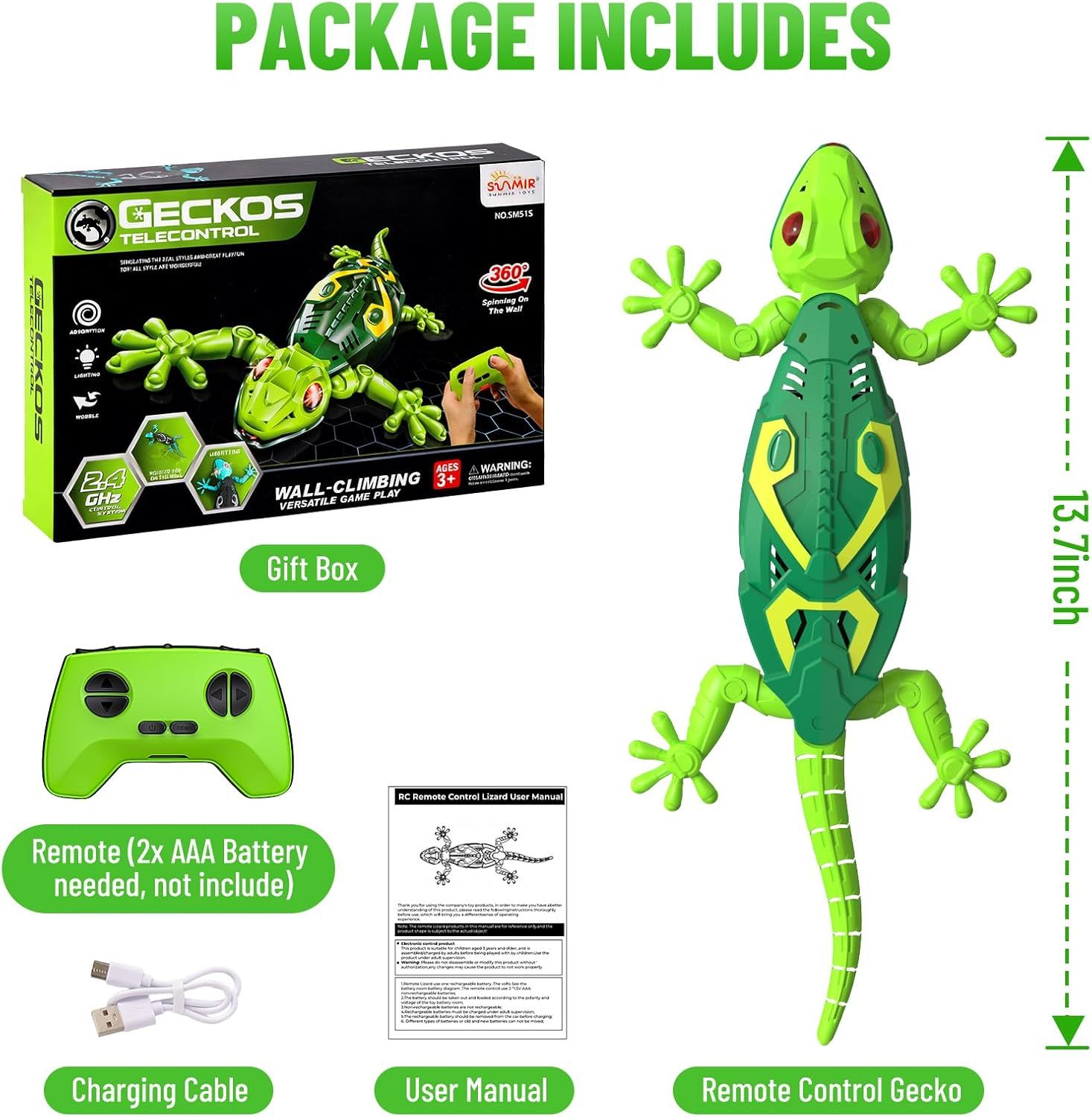 Shows everything included in the purchase: the RC gecko toy, remote control, gift box packaging, charging cable, and user manual to set clear expectations for buyers.
