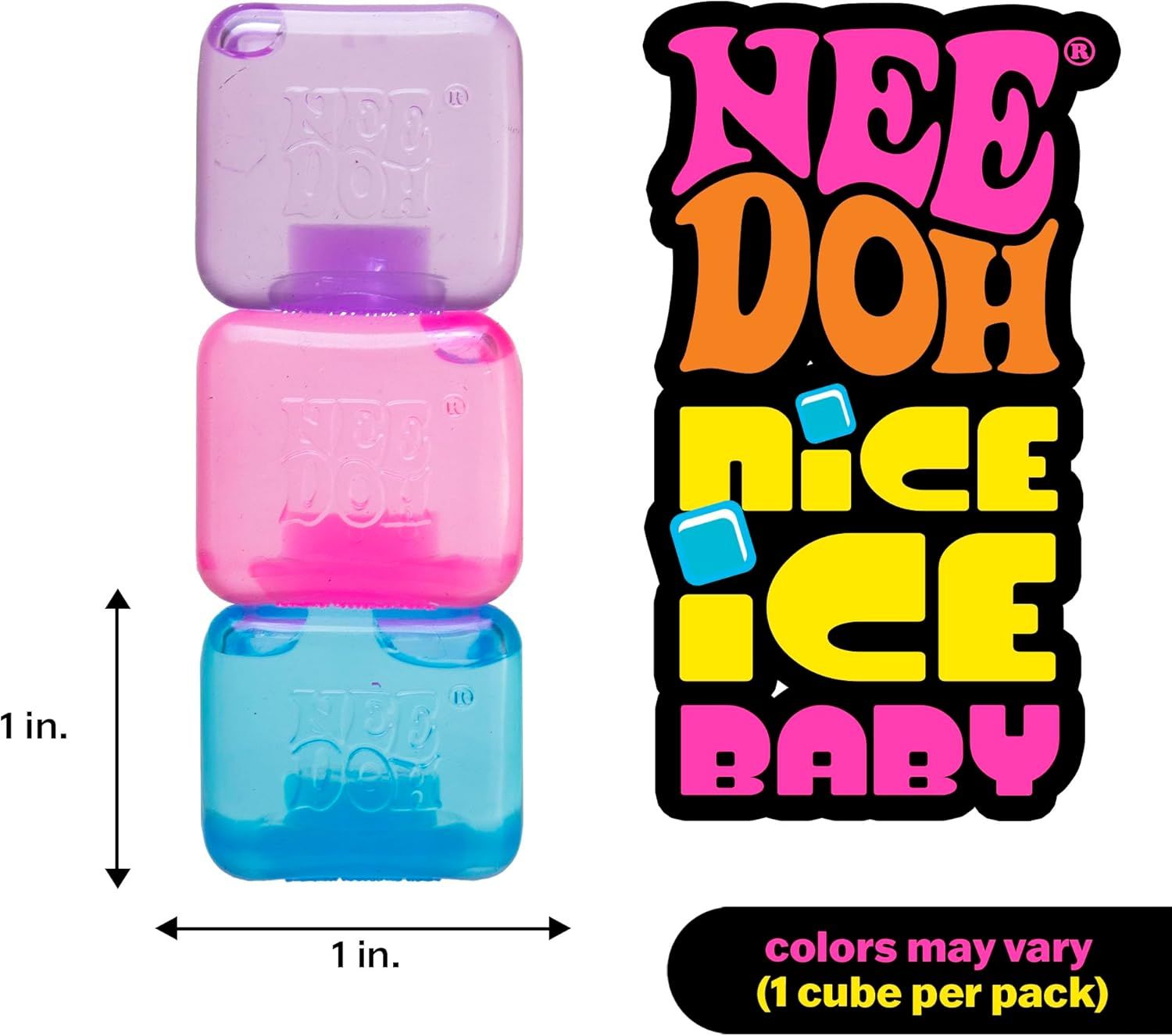 Shows the exact physical size of the product (1 inch by 1 inch) with measurement arrows to help shoppers understand how small the ice cube is. Displays the NEE DOH NICE ICE BABY brand name…