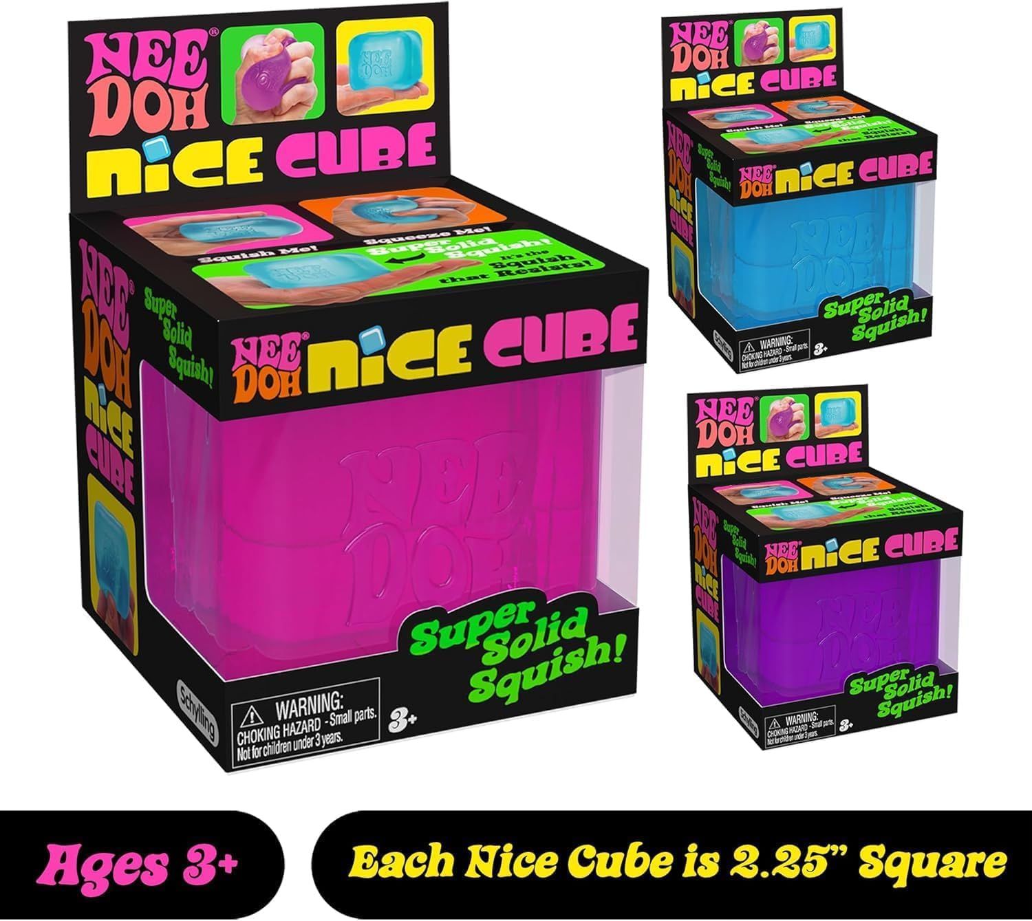 Communicates the exact physical size of the product (2.25 inches square) to help shoppers understand how big the cube is before purchasing. Shows the available color variants (pink, blue, purple) of…