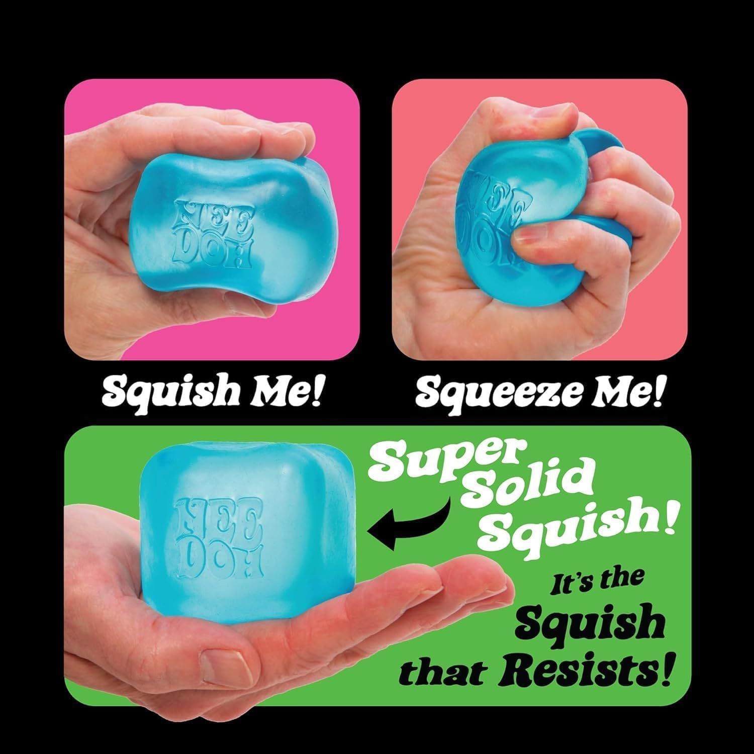Demonstrates the unique tactile property of the product—it's squishy and squeezable yet maintains solid resistance, providing sensory satisfaction and stress relief.