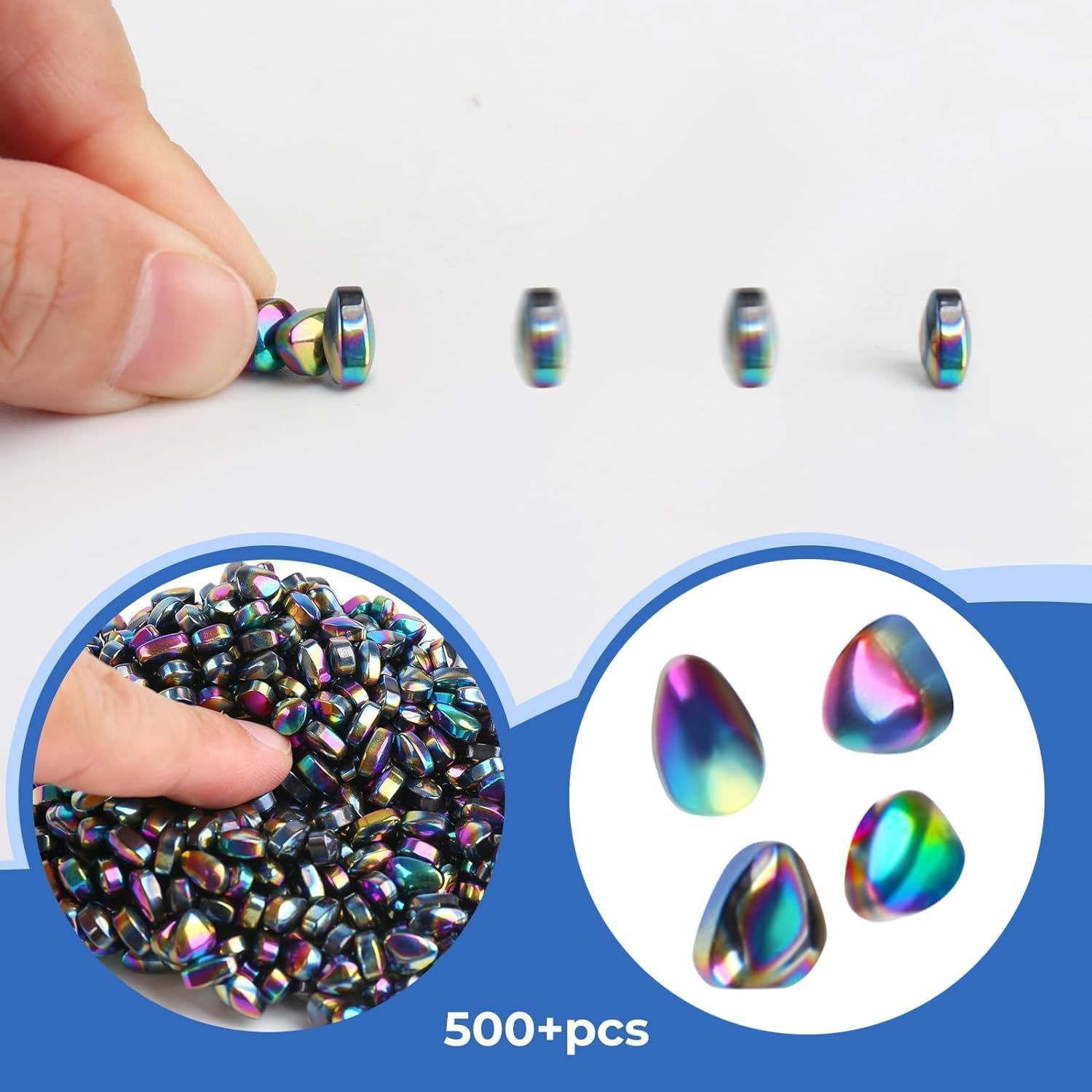 Communicates the generous quantity (500+ pieces) and variety of iridescent beads included in the package, reassuring shoppers of the product's value and versatility.