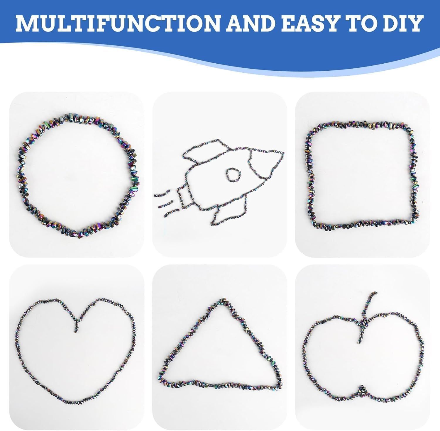 Demonstrates the product's versatility by showing multiple creative shapes that can be made with the beads, reassuring shoppers that it's suitable for various DIY projects and creative applications.…