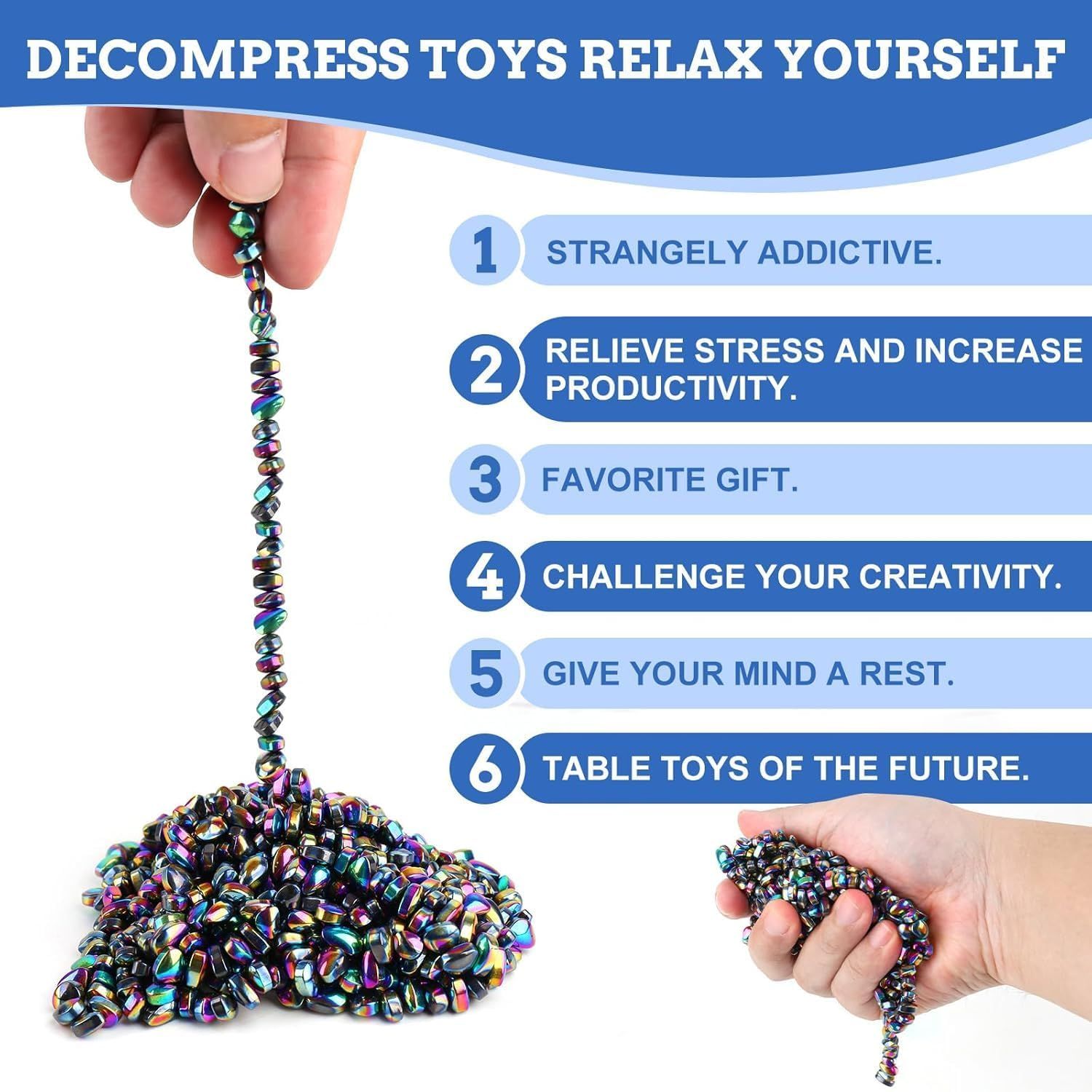 Communicates multiple benefits of the decompression toy including stress relief, addictiveness, gift potential, creativity stimulation, and mental relaxation to appeal to various shopper motivations.