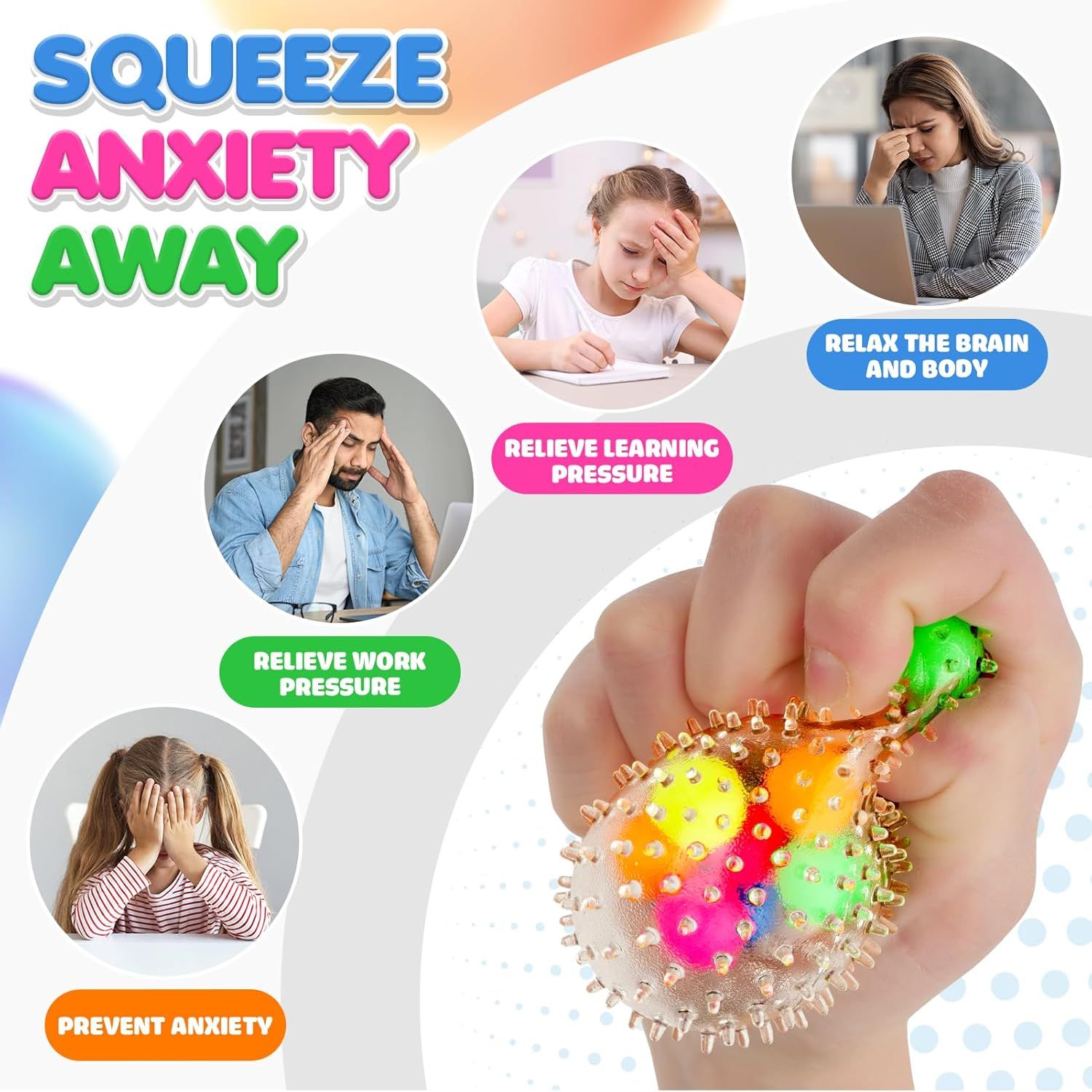 Demonstrates multiple use cases for the stress-relief product across different scenarios (work, learning, general anxiety) to show its versatility in helping various users manage stress and anxiety.