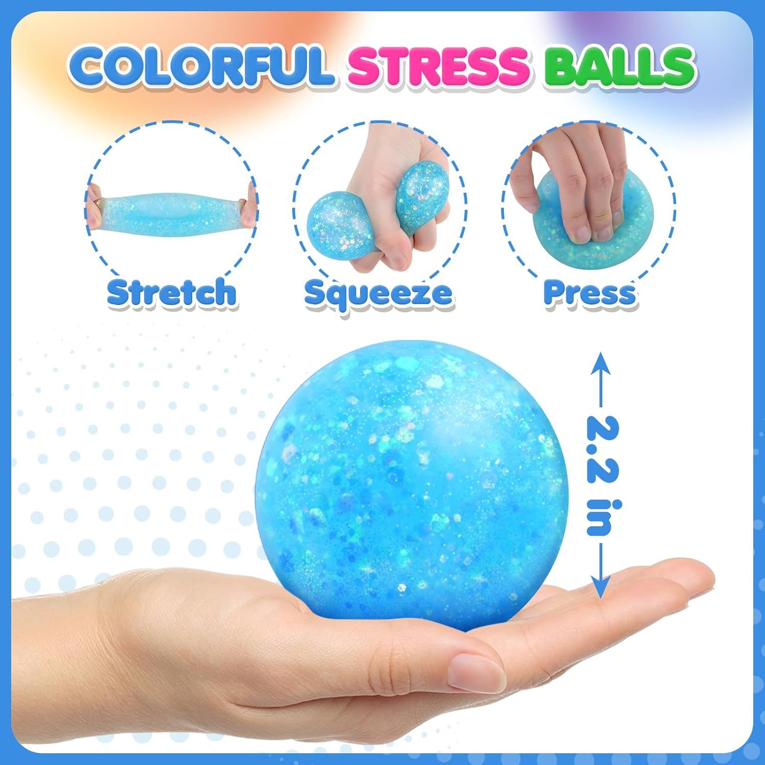 Demonstrates three different ways to use the stress ball (stretch, squeeze, press) to help shoppers understand the product's versatility and ease of use. Shows the physical size of the stress ball…