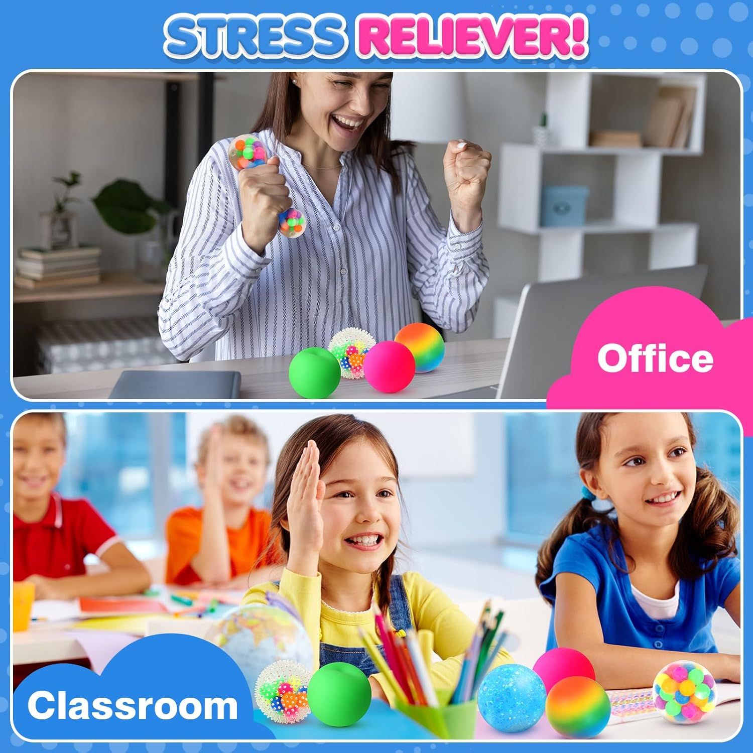 Demonstrates that the stress-relief product can be used in multiple environments—both professional office settings and educational classroom settings—to show versatility and broad appeal.