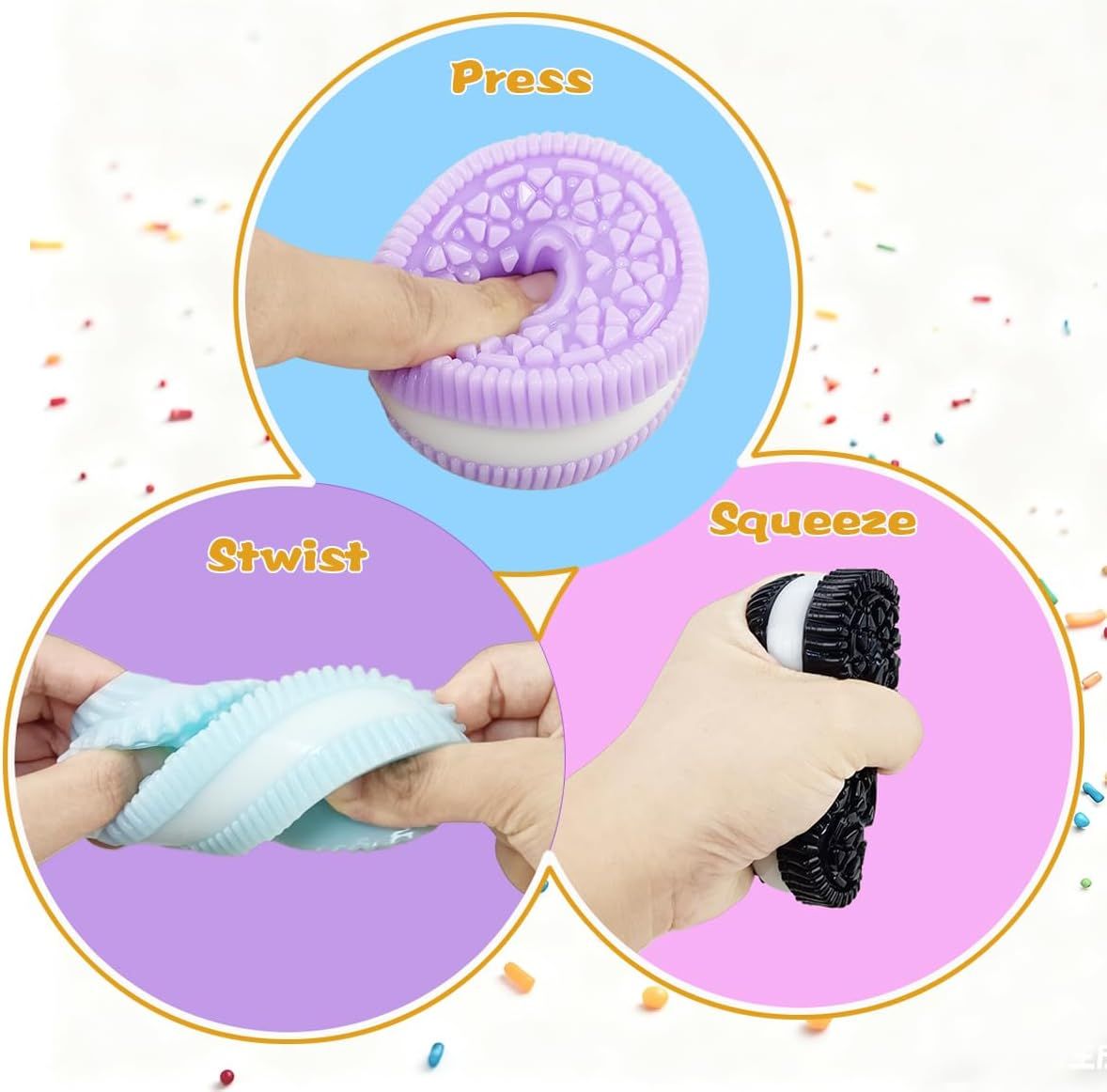 Demonstrates the three different ways to interact with the product (press, twist, squeeze) to communicate its versatility and multi-sensory play value.