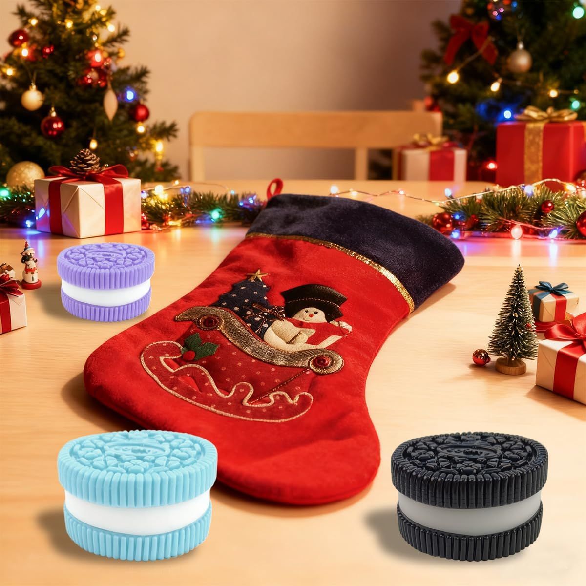 Positions the product as a perfect Christmas gift or stocking stuffer by showcasing it in a festive holiday setting with Christmas trees, ornaments, lights, and wrapped gifts. Shows the product in a…