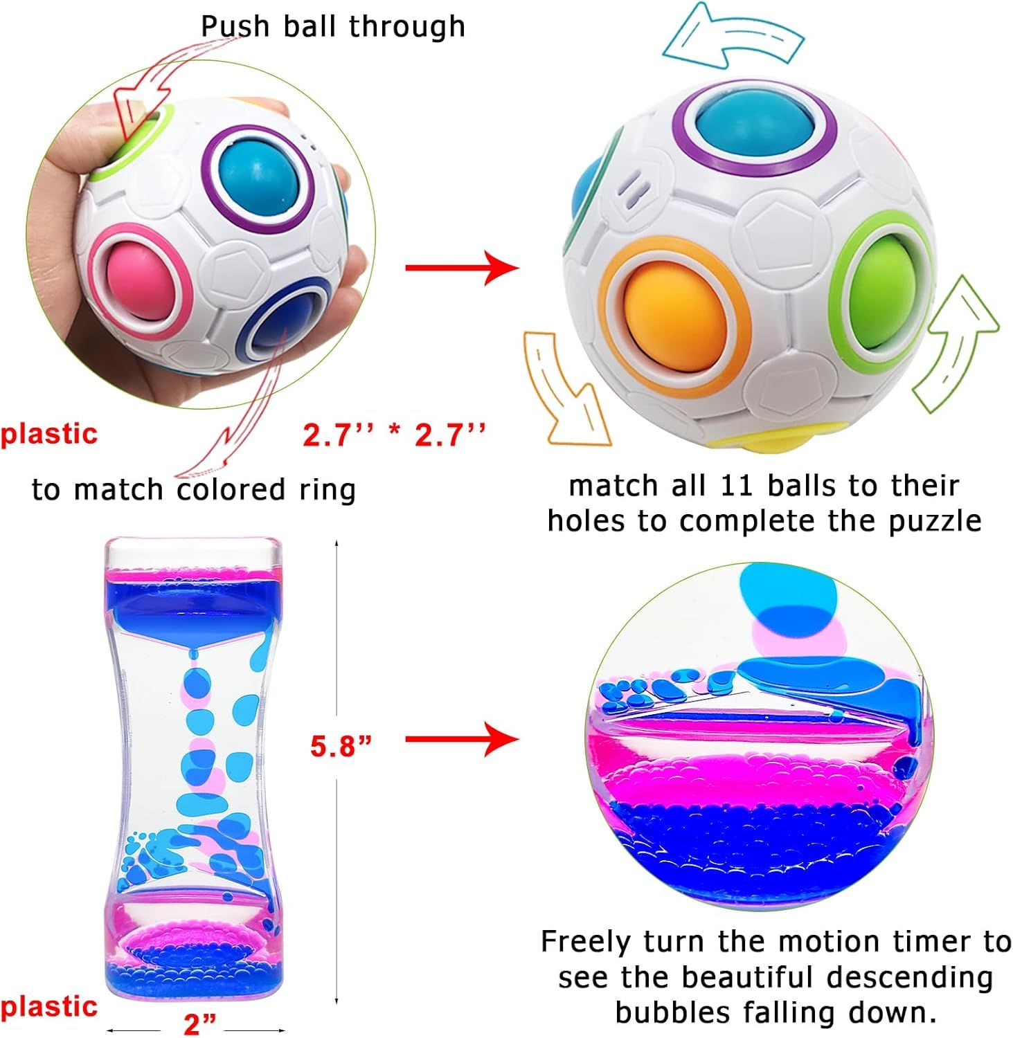 Demonstrates how to use two included toys: the puzzle ball (push colored balls through to match rings) and the liquid motion timer (turn to watch bubbles descend). Helps shoppers understand the…