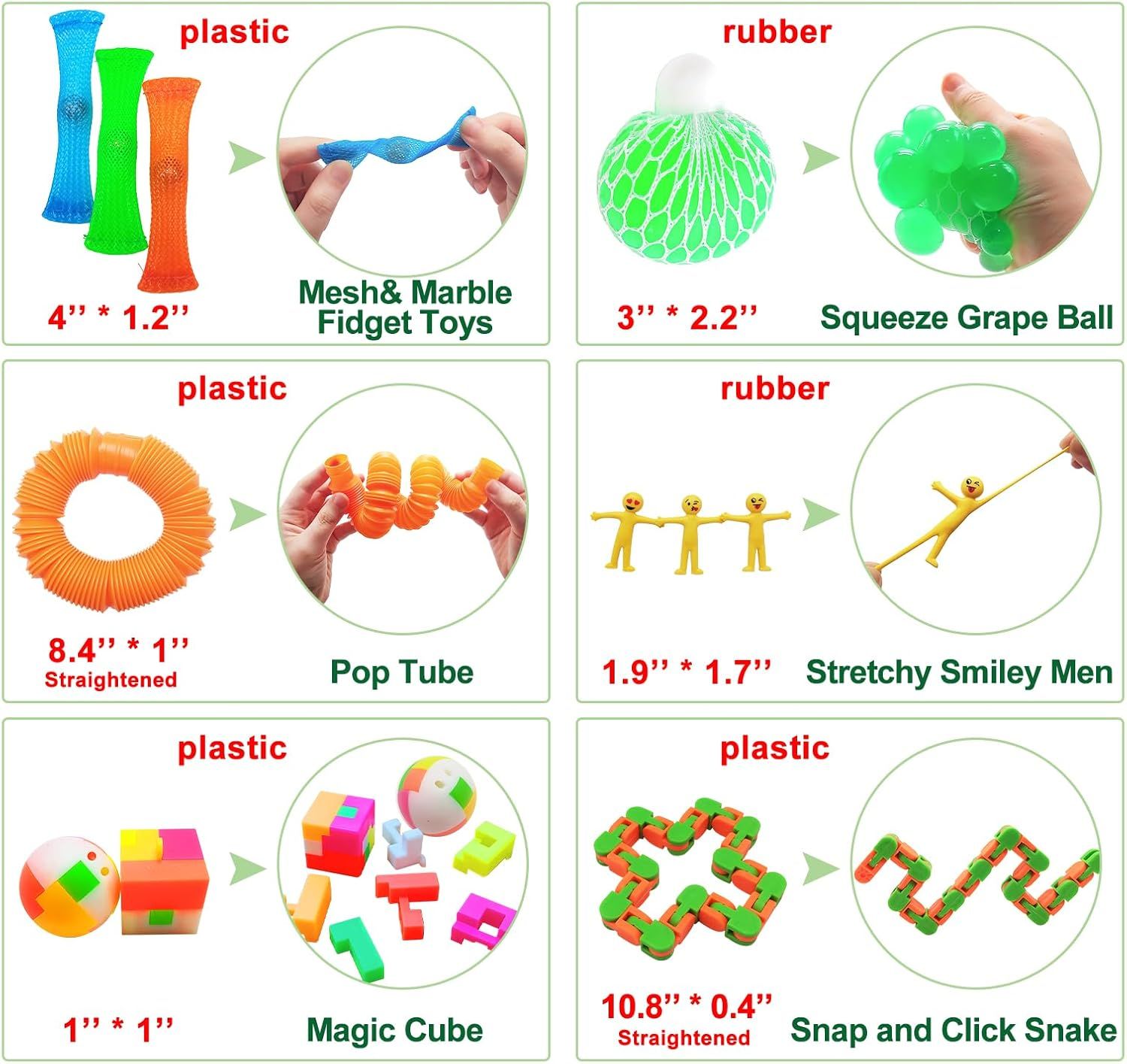 Shows the complete assortment of fidget toys included in the bundle, with sizing and material details to help shoppers understand exactly what they will receive.