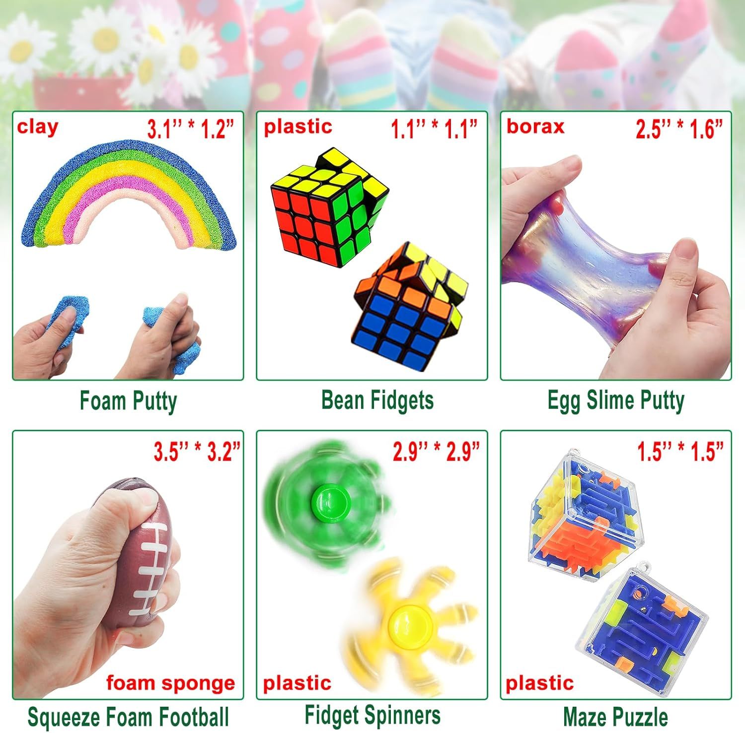 Shows the variety of toys included in the bundle with their materials and dimensions, helping shoppers understand what they receive and the diversity of sensory toys in the package.