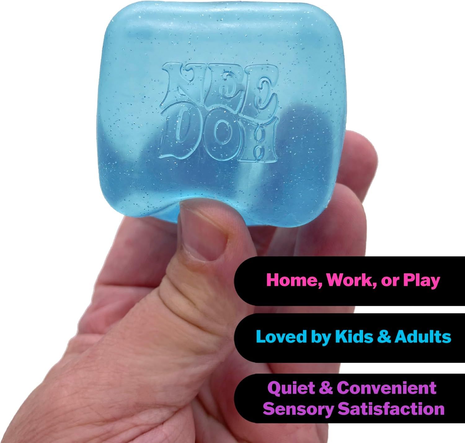 Communicates multiple distinct benefits of the product through segmented text callouts: versatility for different environments, broad demographic appeal, and sensory satisfaction features.