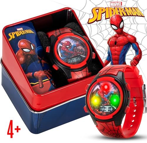 Shows the complete package contents including the Spider-Man watch and its collectible tin case to communicate the full value of what the customer receives.