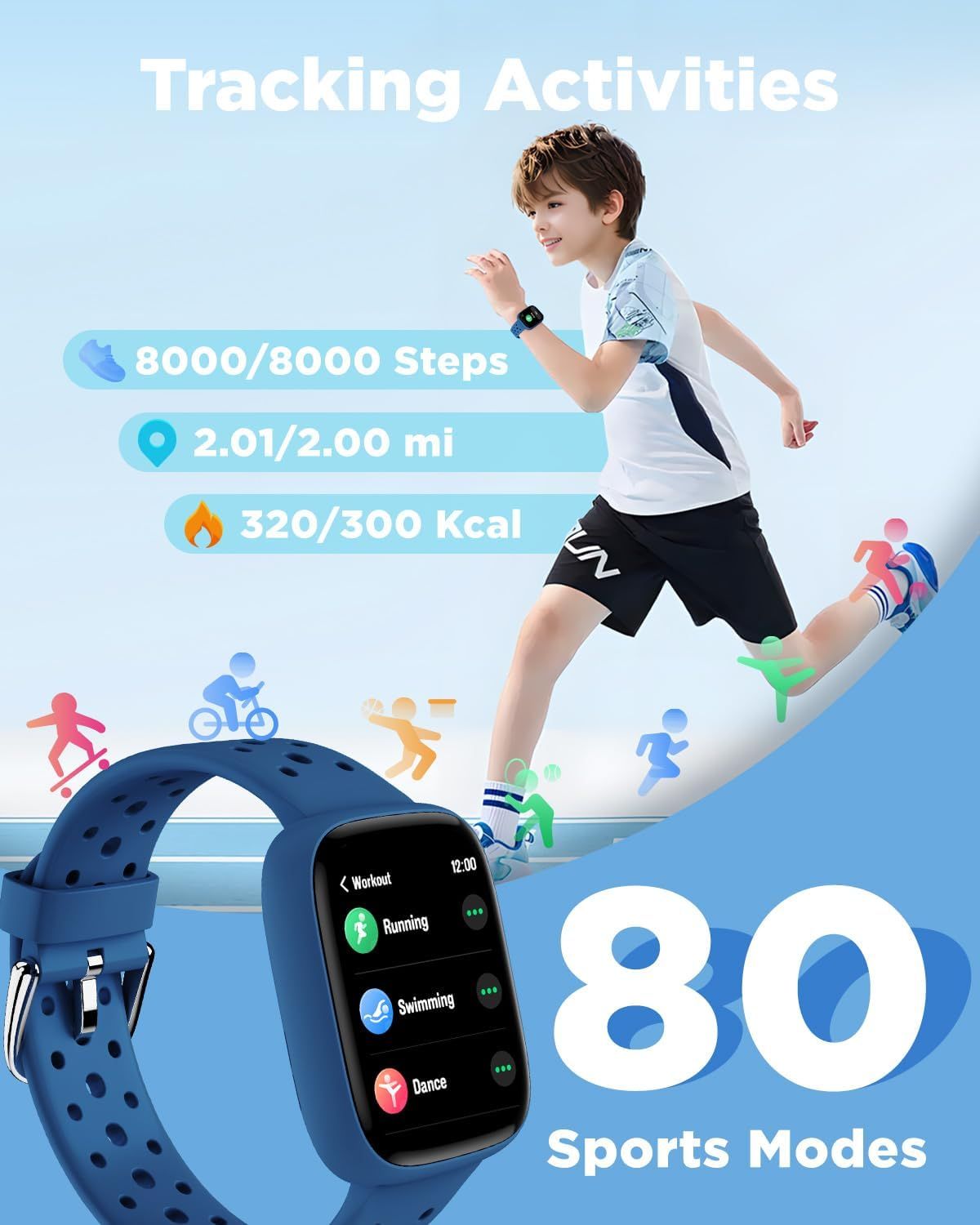 Communicates the smartwatch's comprehensive fitness tracking capabilities including steps, distance, calories, and 80 different sports modes to appeal to active users and parents looking for…