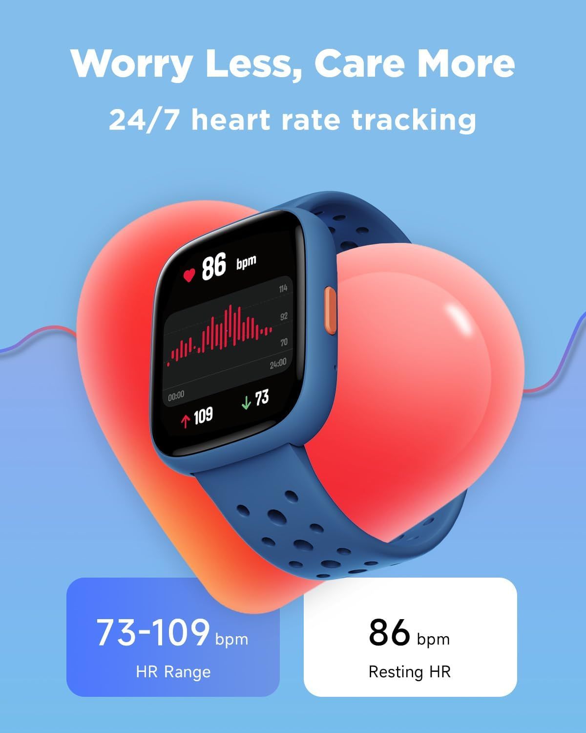 Highlights the smartwatch's continuous heart rate monitoring capability with specific metrics to reassure shoppers about health tracking accuracy and performance. Communicates the peace of mind…