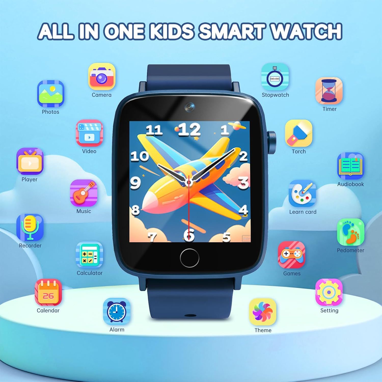 Showcases the comprehensive functionality of the kids smartwatch by displaying all available features and apps in a visually organized layout, emphasizing its versatility and value as an all-in-one…