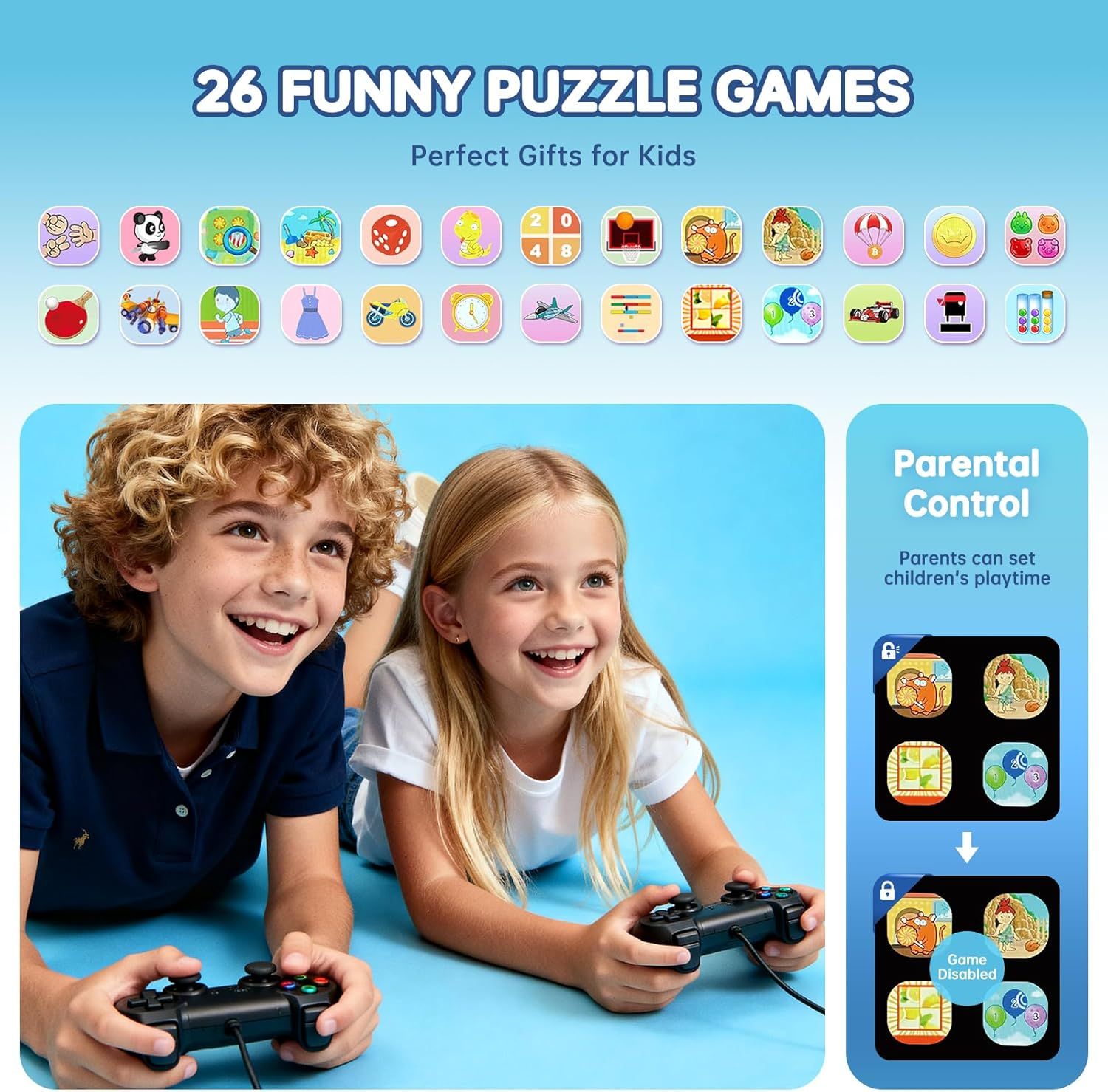 Communicates multiple selling benefits of the product: the variety of games included (26 puzzle games), the parental control feature for managing playtime, and its suitability as a gift for kids.