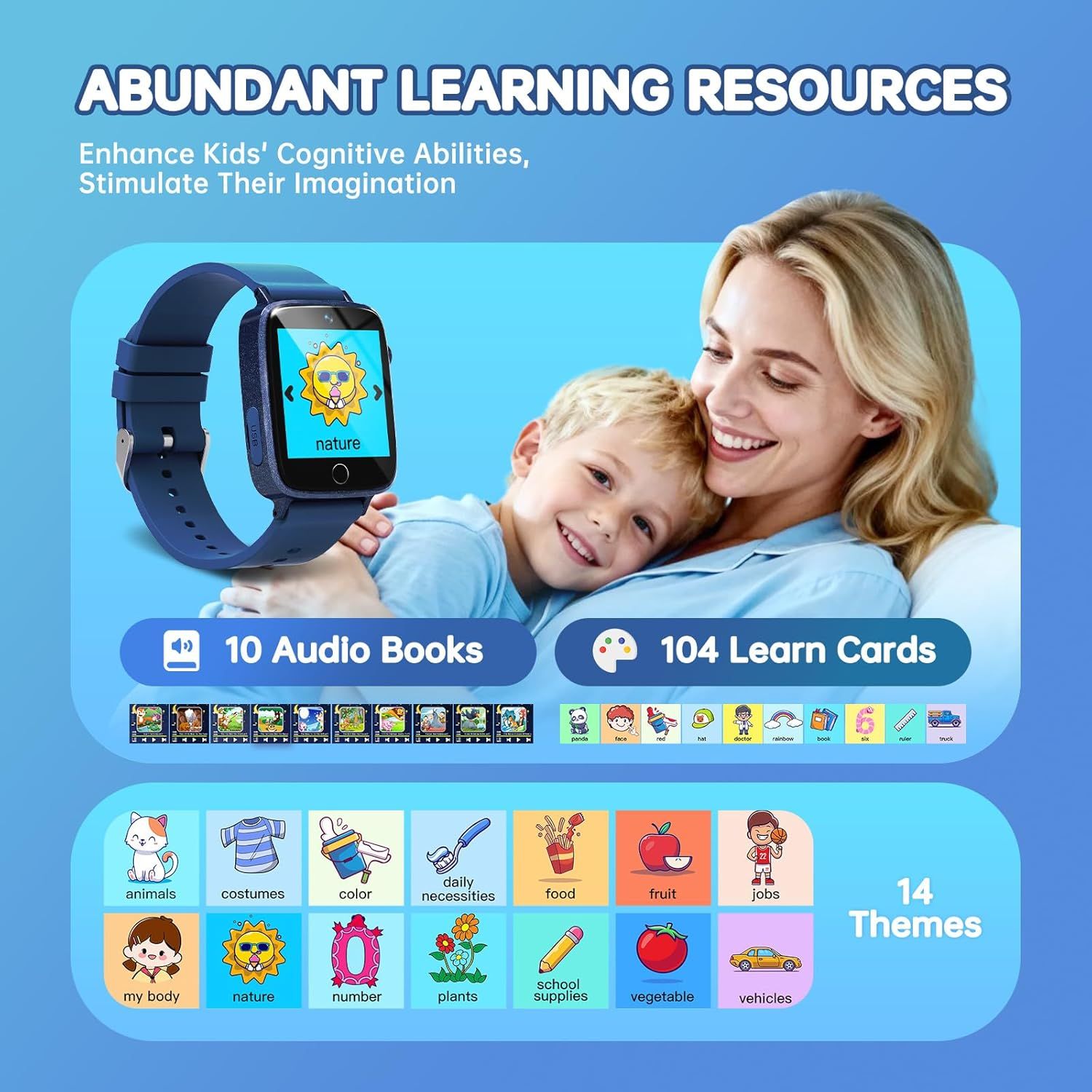 Communicates the educational value and variety of learning resources included with the smartwatch, highlighting multiple distinct features (audio books, learning cards, and themed content) to…