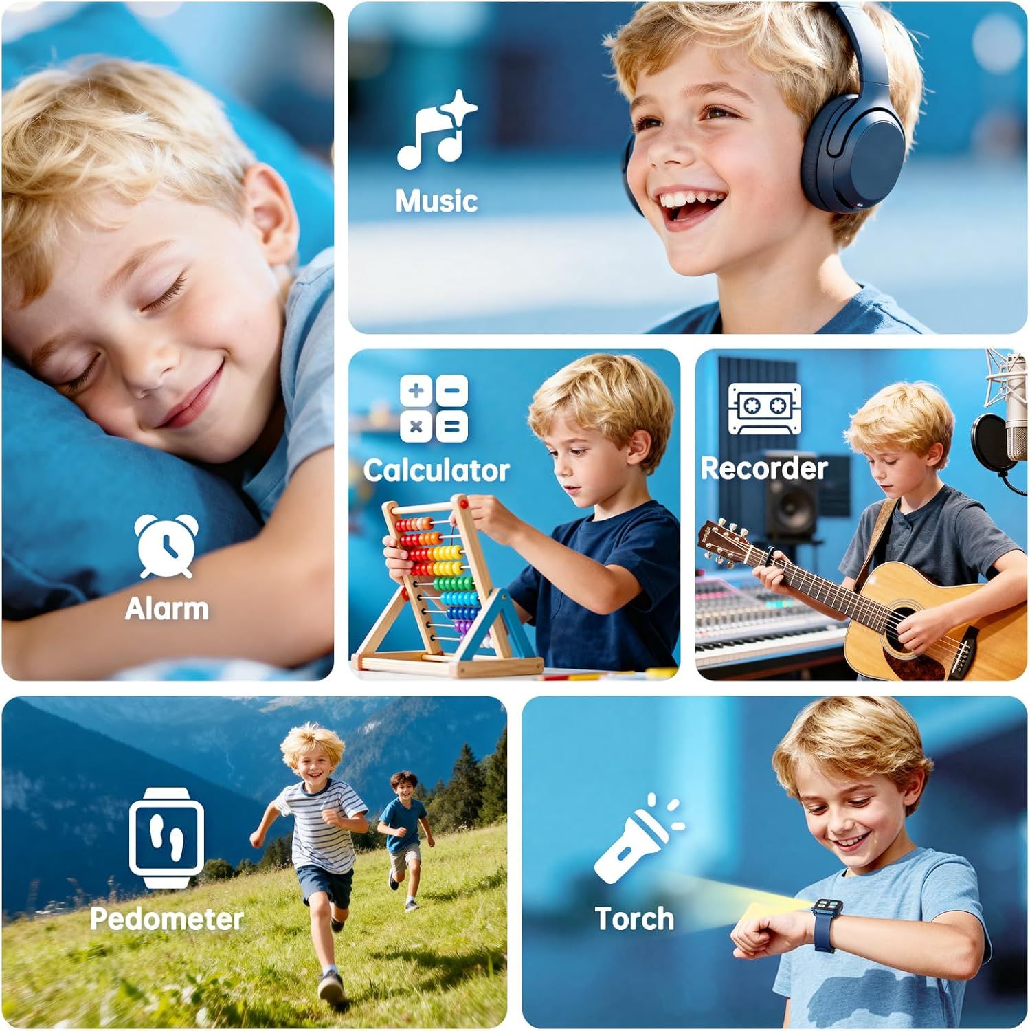 Demonstrates the multiple functions and applications of the smartwatch for kids, showing it can be used for entertainment, education, fitness tracking, and practical utilities.
