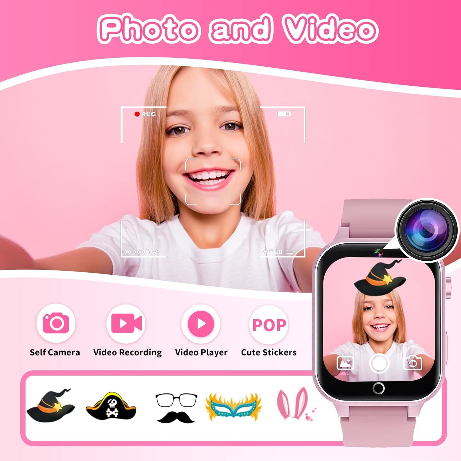 Showcases multiple distinct features of the kids' smartwatch camera, including self-camera, video recording, video playback, and fun sticker filters to demonstrate the product's versatility and…