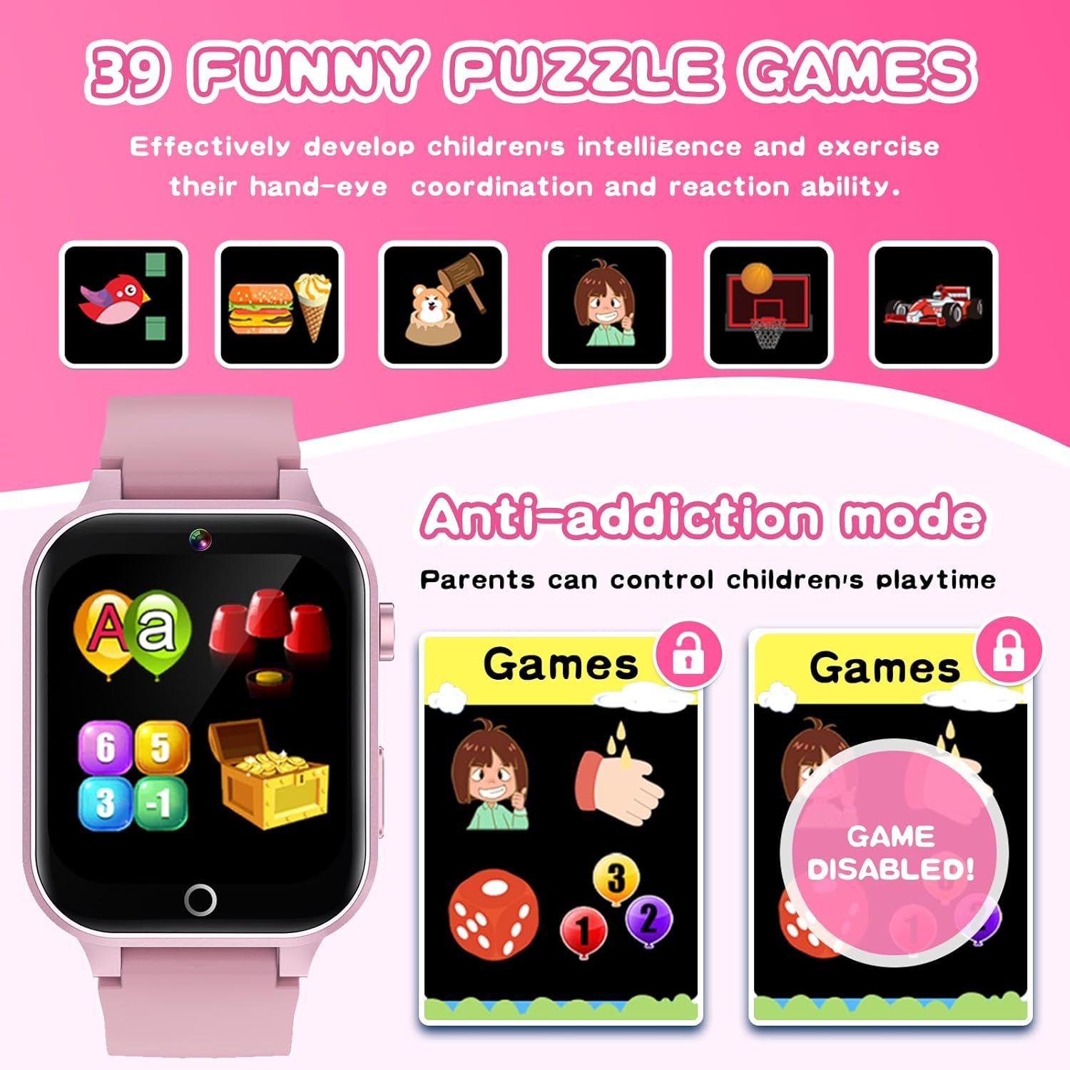 Communicates multiple key selling benefits of the children's smartwatch: variety of educational games, developmental benefits, and parental control features to reassure parents about screen time…