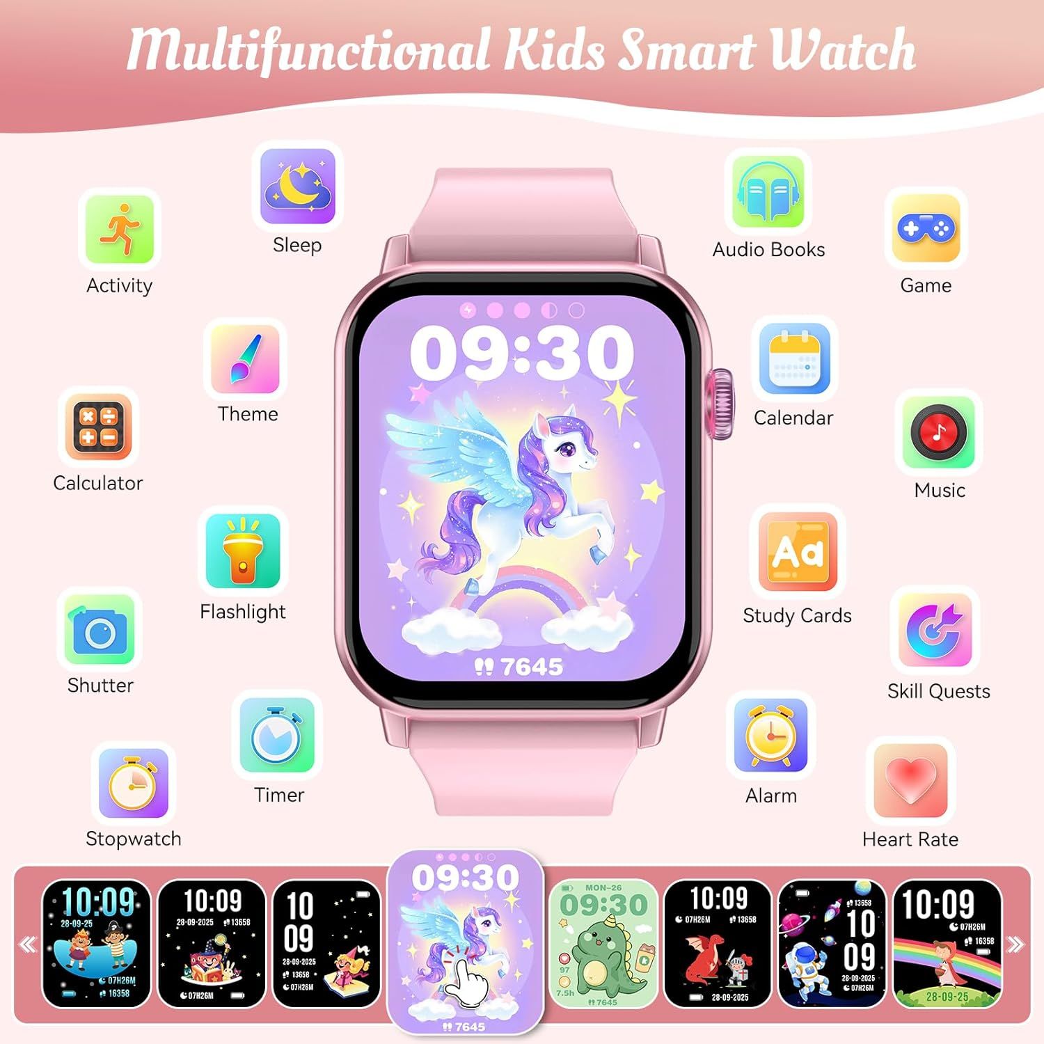 Showcases the extensive multifunctional capabilities of the kids smartwatch, highlighting 16+ distinct features to demonstrate versatility and value for parents and children.