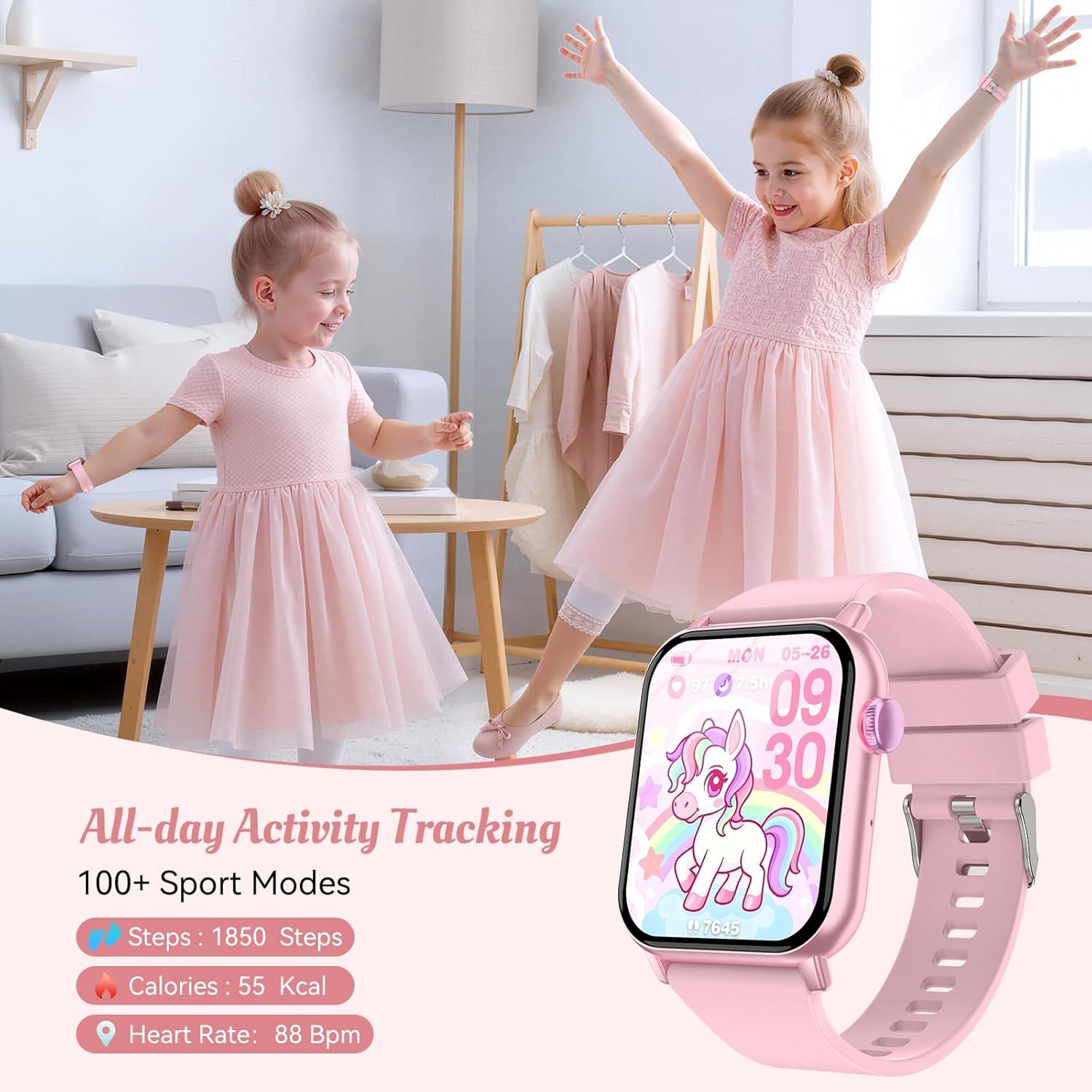 Communicates the smartwatch's comprehensive activity tracking capabilities with specific quantifiable metrics (steps, calories, heart rate) to demonstrate the product's fitness monitoring…