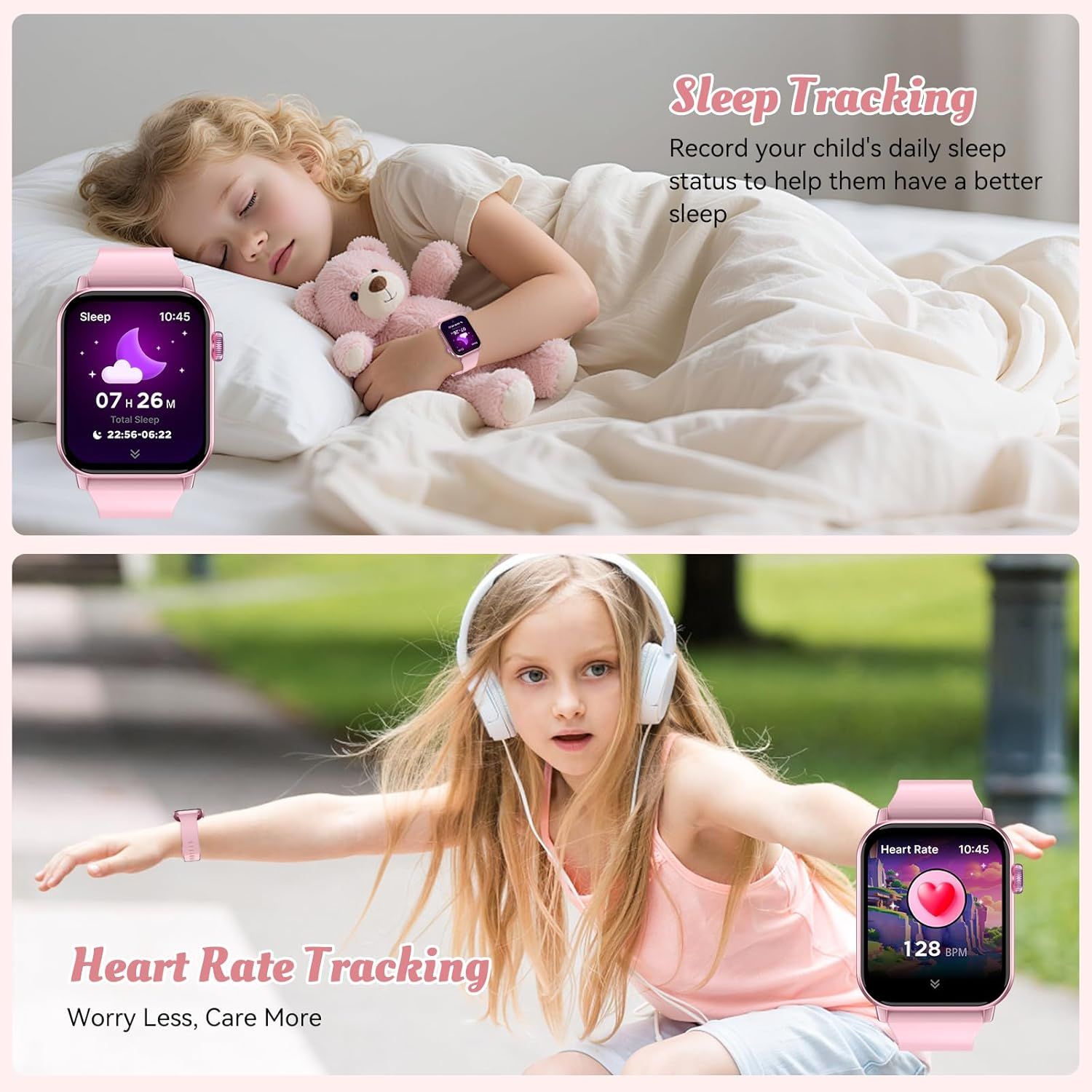 Demonstrates two distinct health monitoring features of the smartwatch—sleep tracking for better rest and heart rate monitoring for health awareness—to reassure parents of comprehensive child health…