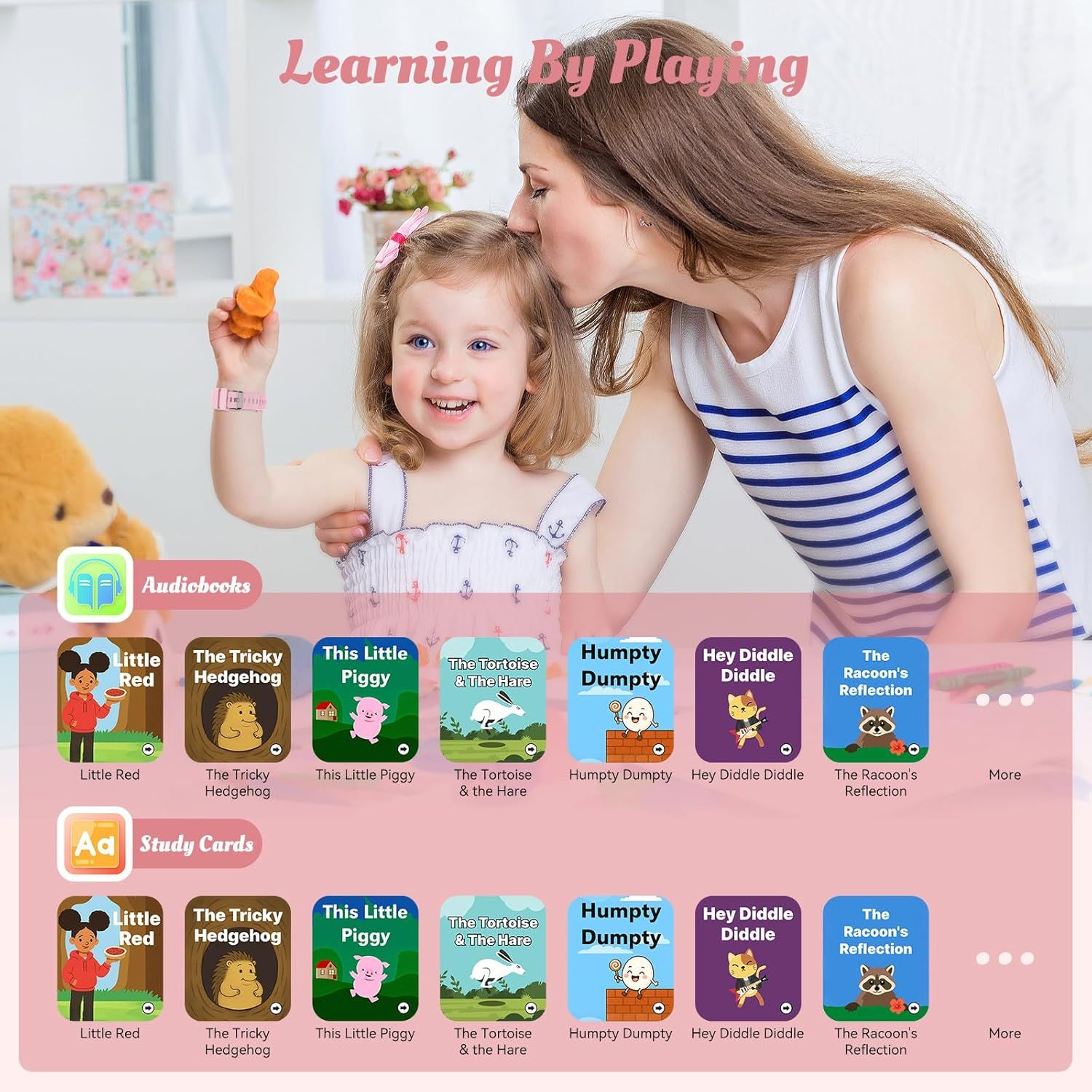 Showcases the brand's product line of children's audiobooks and study cards, positioning the brand as a learning-through-play solution for parents and children.