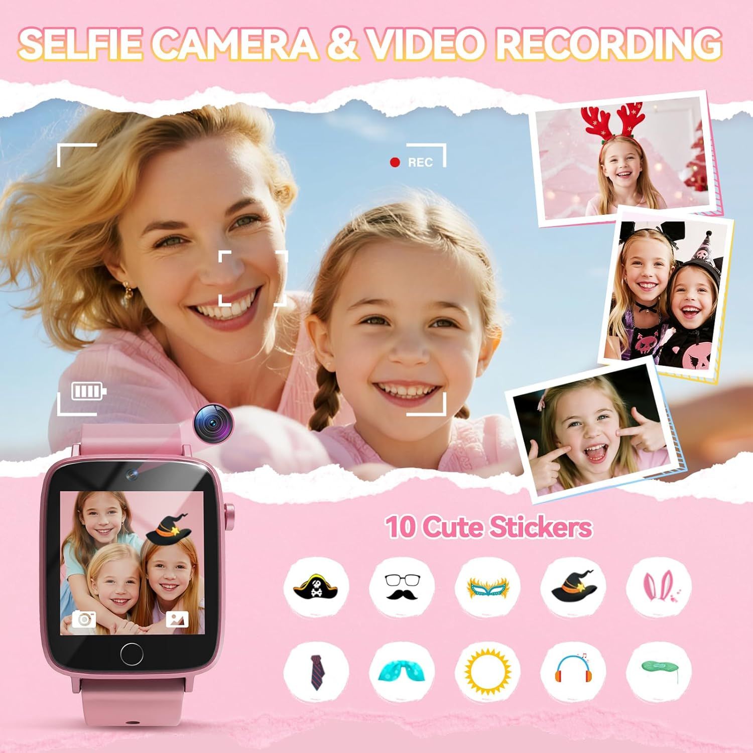 Demonstrates multiple features of the kids' smartwatch including selfie camera, video recording capability, digital stickers for fun photo editing, and photo storage, showing parents the…