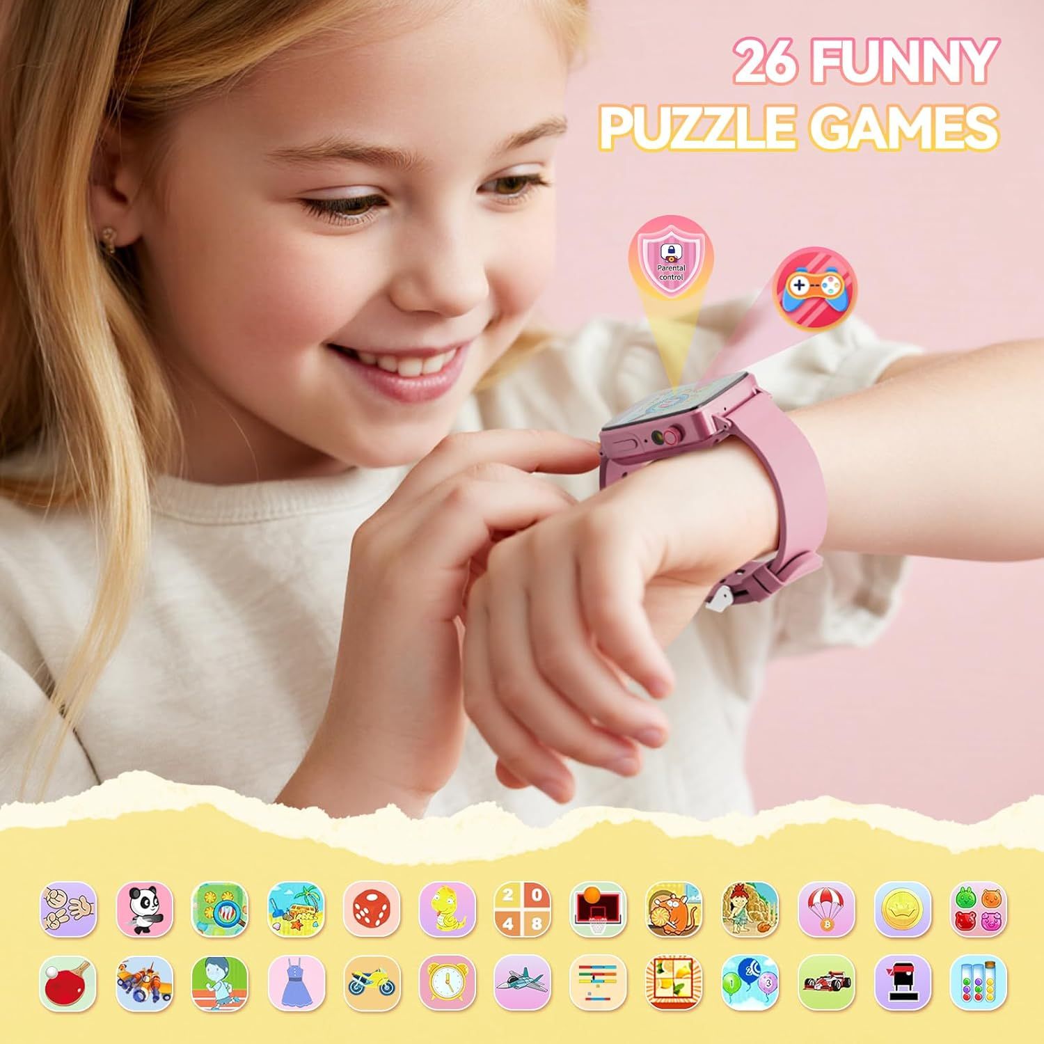 Highlights the entertainment value and variety of games available on the smartwatch, reassuring parents and kids that the device offers engaging, fun content.