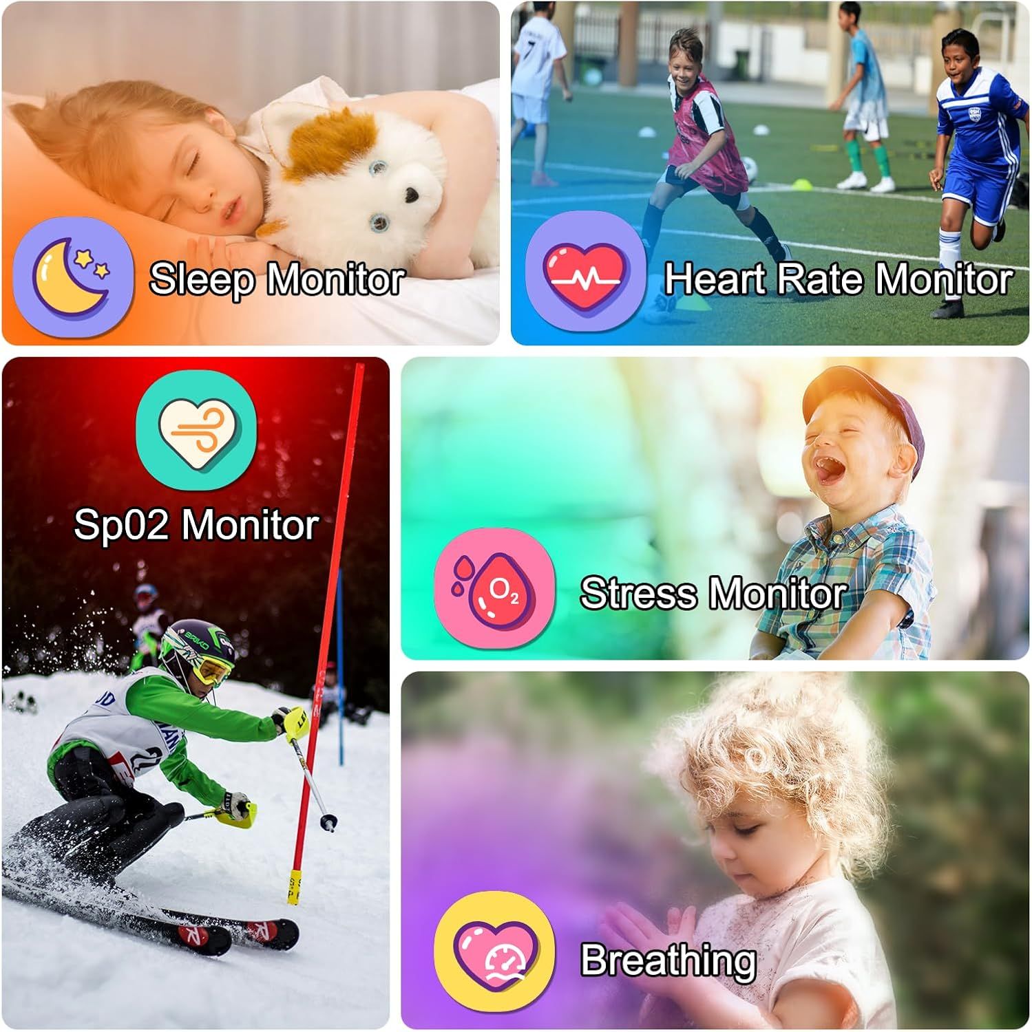 Demonstrates the multiple health monitoring capabilities and use cases of the product across different activities and scenarios, showing its versatility for tracking children's wellness during…