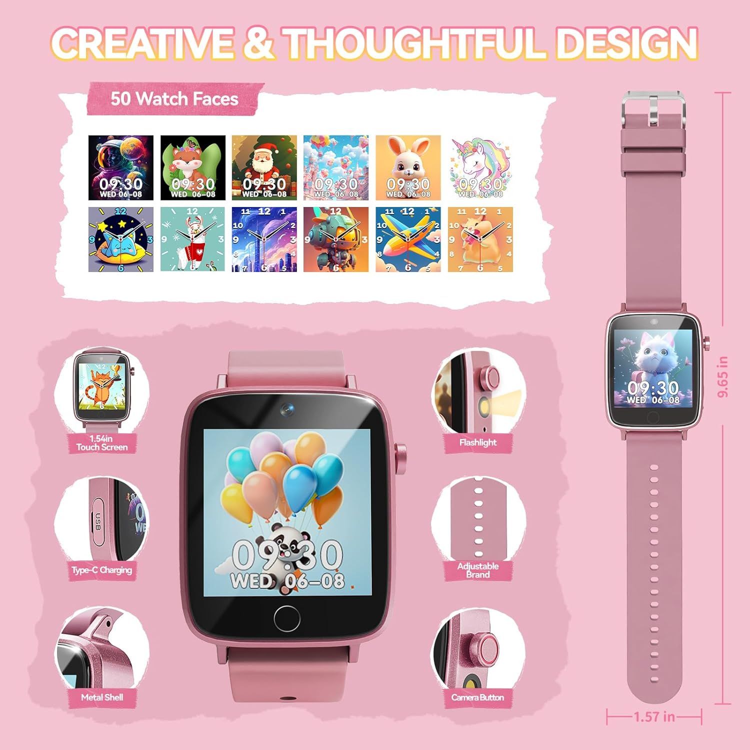 This image breaks down the smartwatch by highlighting its key physical components and features with labeled callouts, helping shoppers understand what the product includes and how it's constructed.…