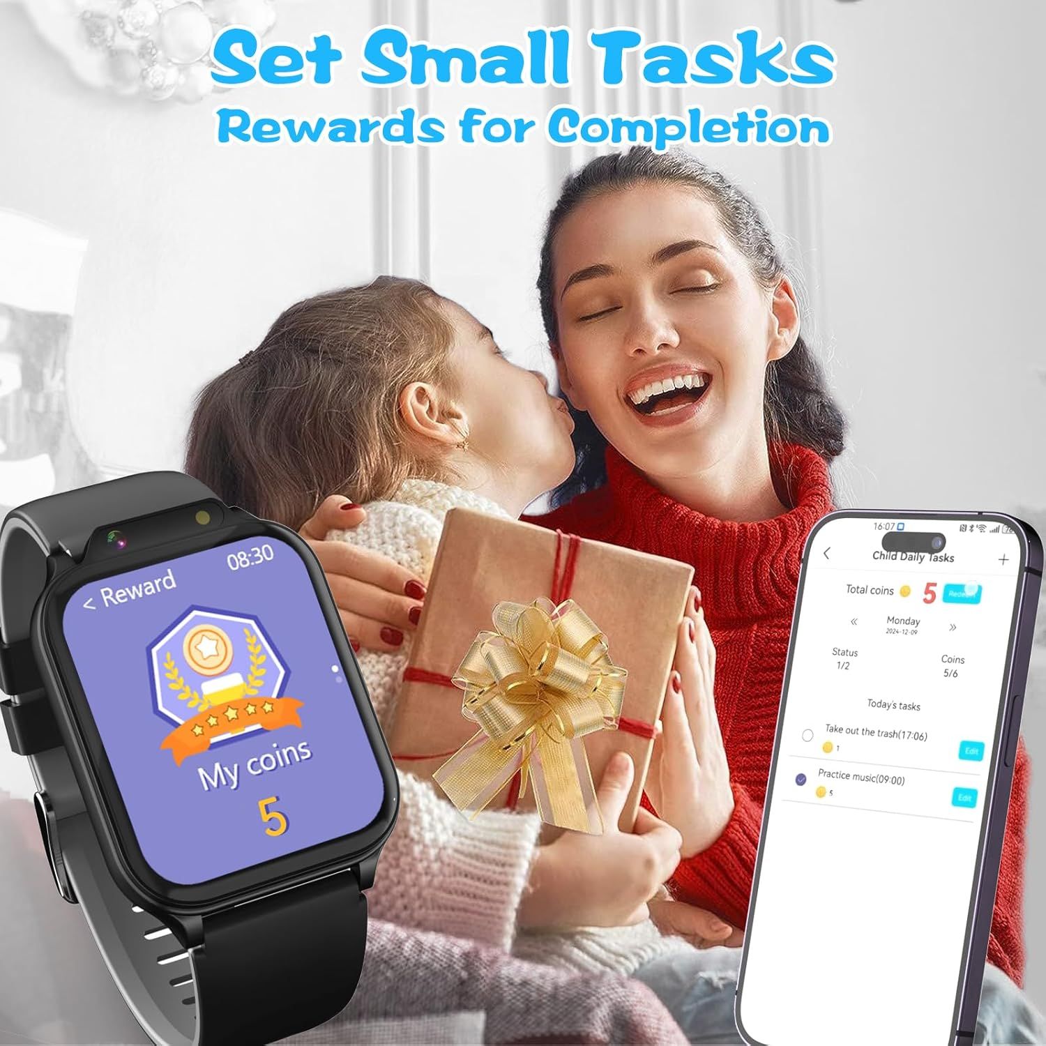 Demonstrates how the product's reward system works by showing the connection between the smartwatch interface, mobile app, and real-world rewards to help parents motivate children to complete tasks.…