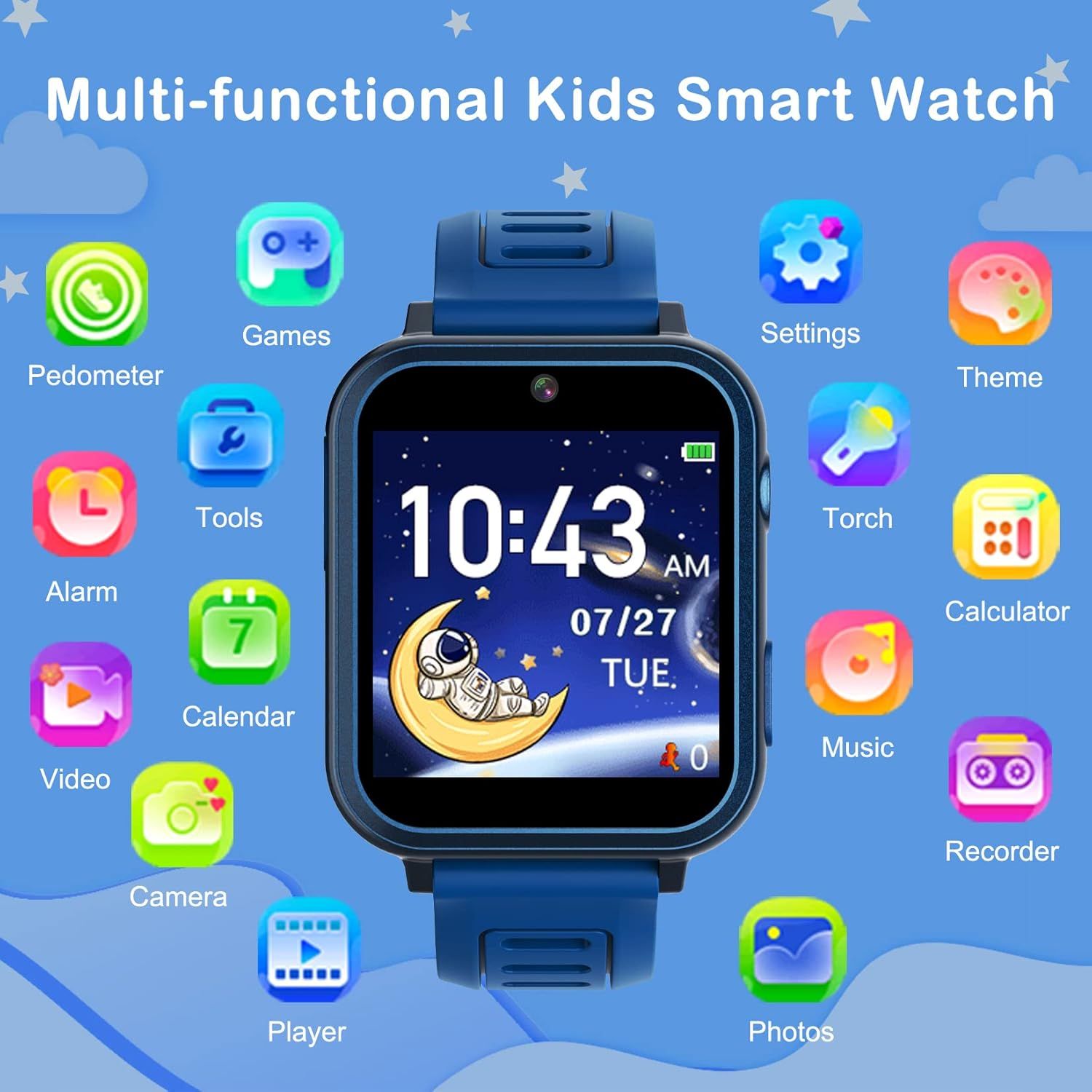 Showcases the extensive range of built-in features and apps available on the kids smartwatch, demonstrating its versatility and value as an all-in-one device for children.