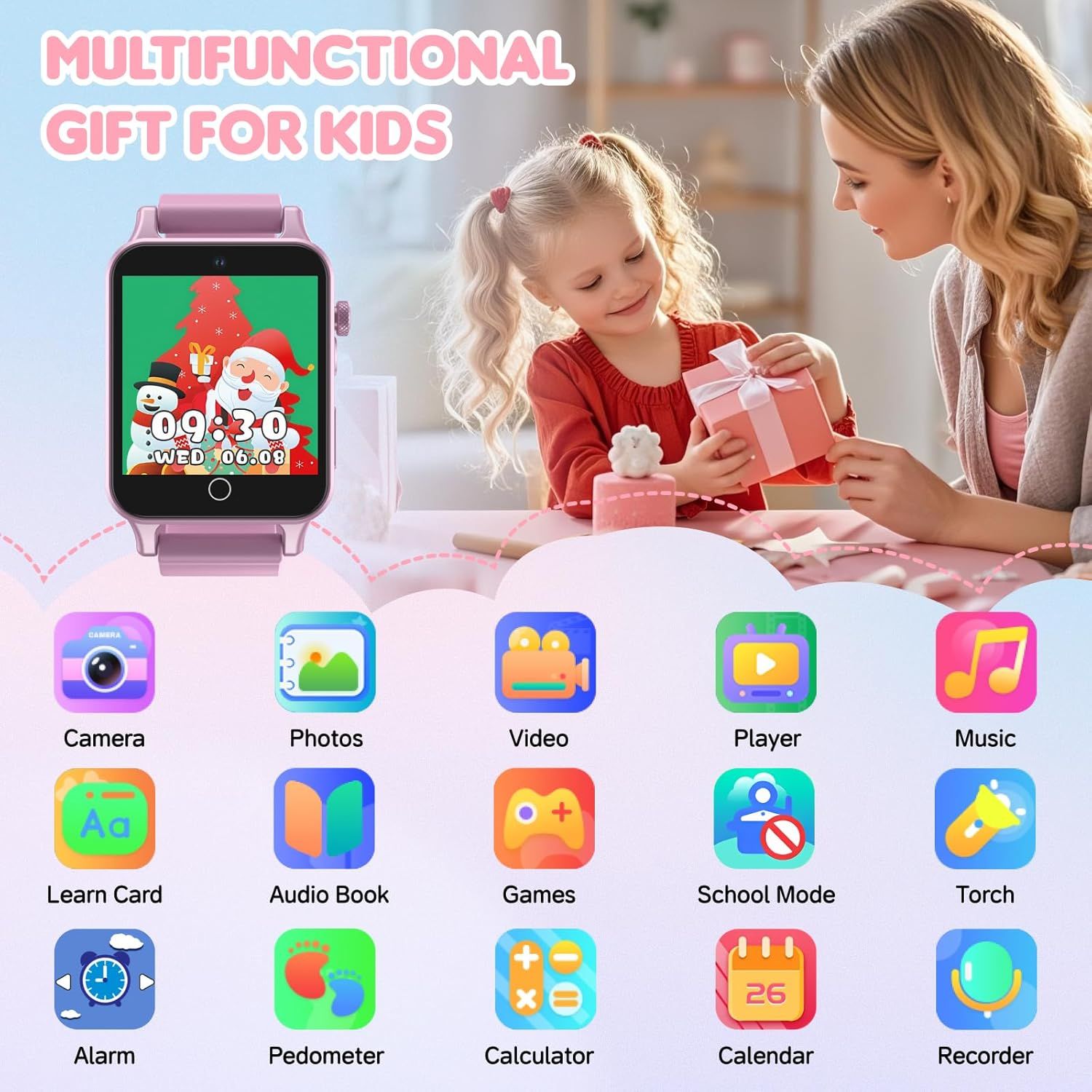 Positions the smartwatch as a perfect gift for children, using holiday imagery and gift-giving context to appeal to parents shopping for seasonal occasions. Showcases the smartwatch's extensive…